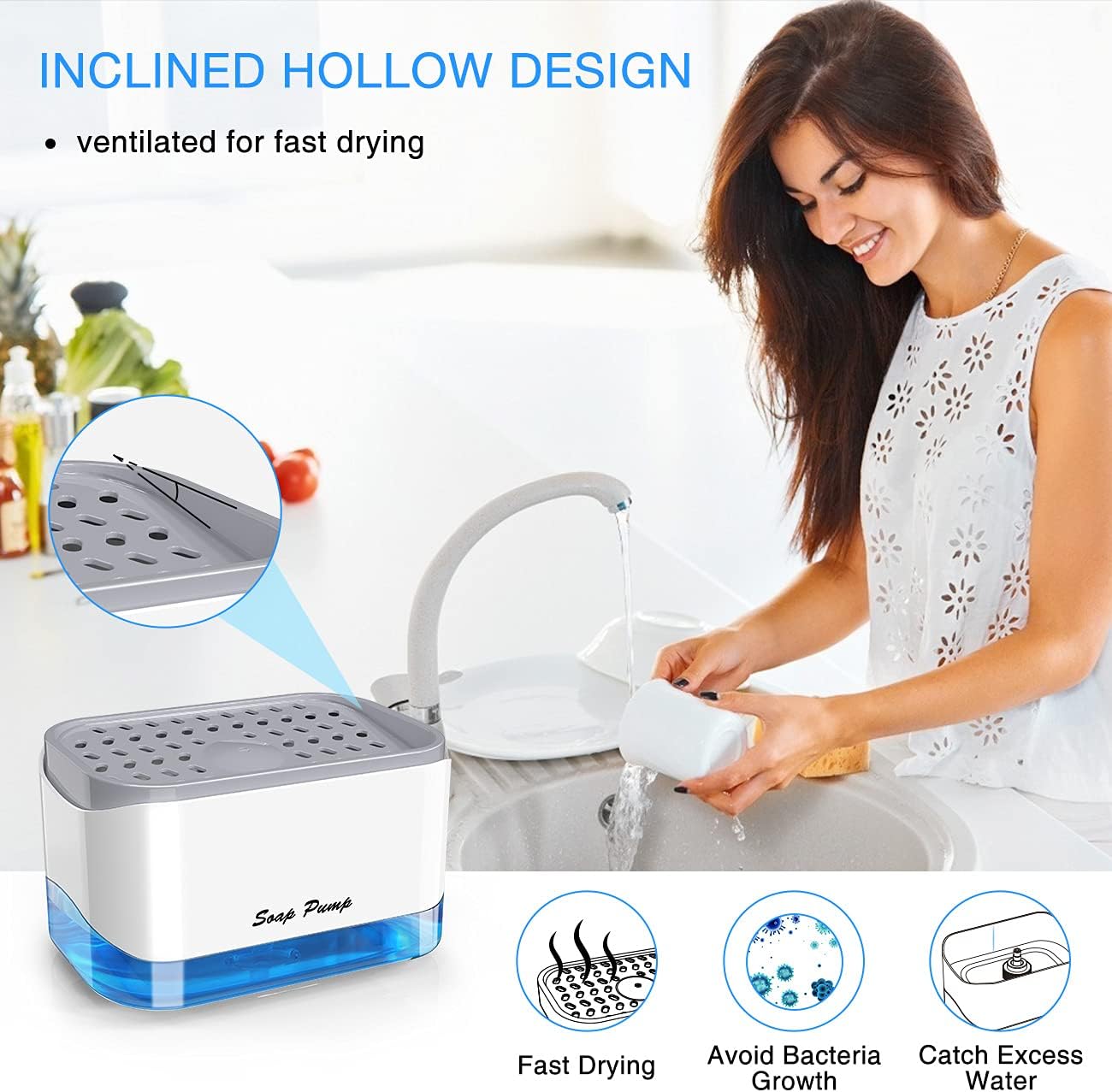 Dish Soap Dispenser for Kitchen Sink with Sponge Holder, Sturdy ABS Soap Pump Dispenser, Dish Detergent Dispenser Including Sponge and Funnel