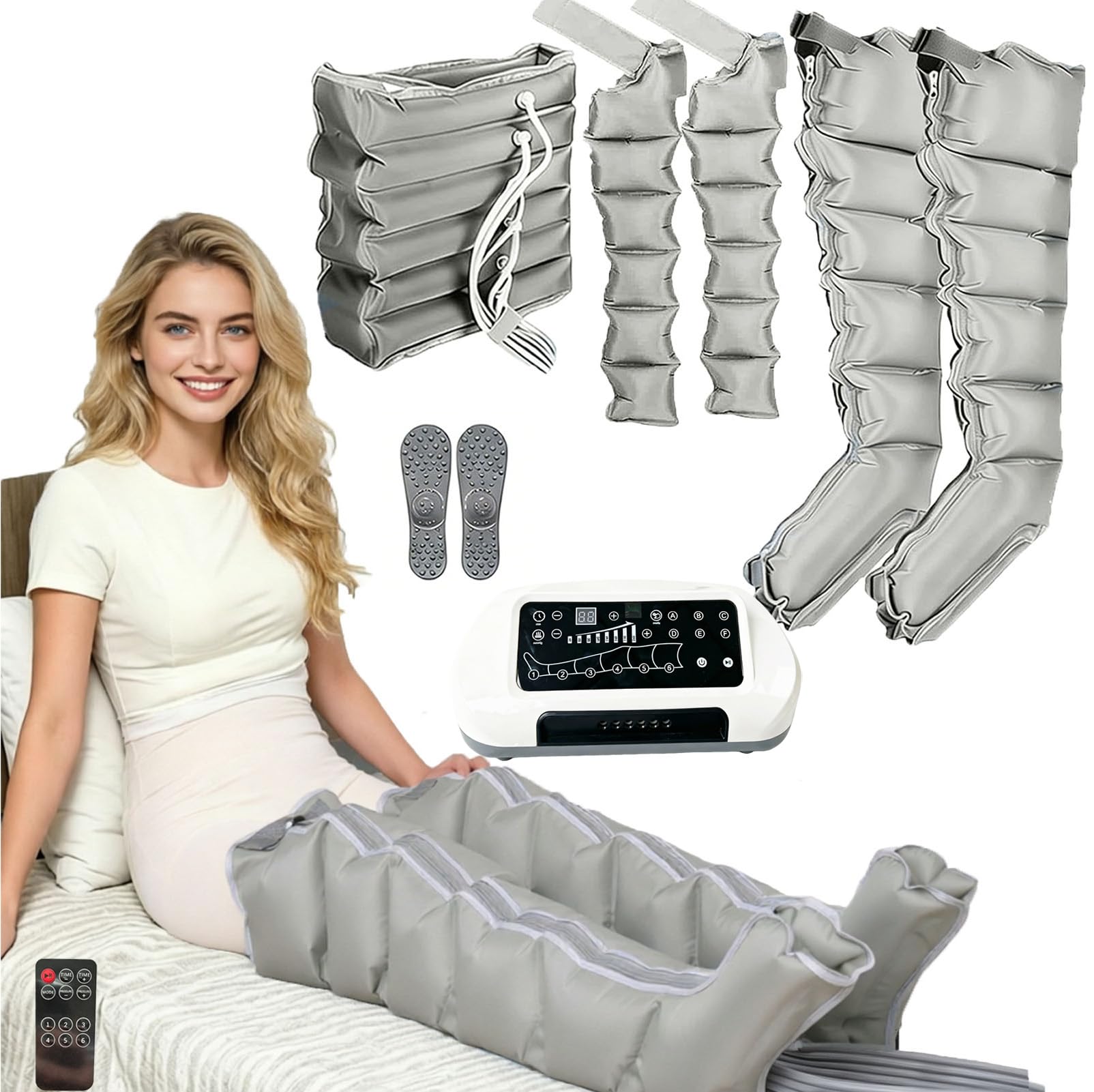 Presoterapia Piernas y Abdomen Brazos,Presoterapia para Casa Piernas 6 Camaras,8 Niveles Presión Ajustable, 1-60mins,Silencioso,Mando Inalambrico,masajeador piernas circulacion