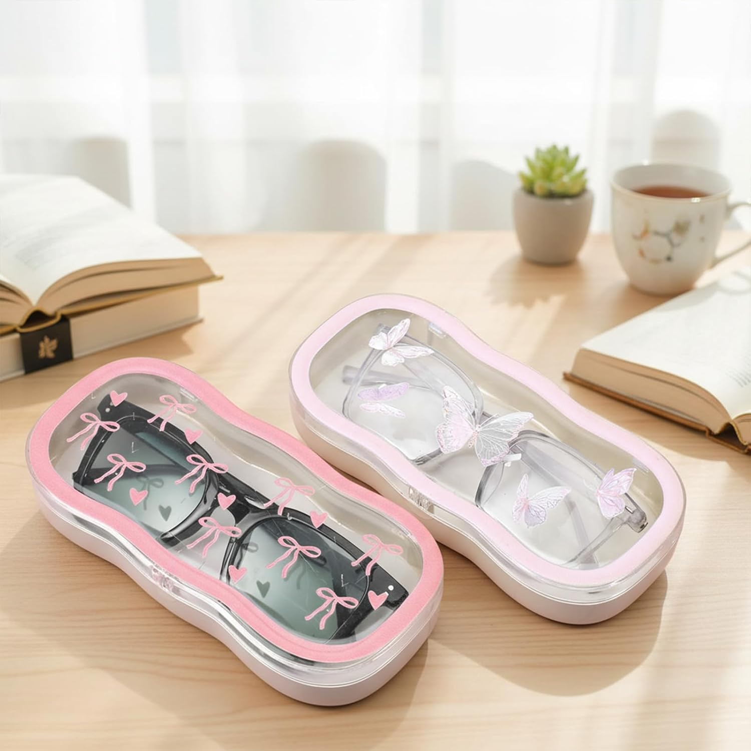 Glasses Case Hard Shell, 2 Pcs Cute Bow Glasses Case Set, 6.69 × 3.15 x 1.2 inches Hard Shell Protection Bow and Butterfly Designs Clear Reading Eye Glass Cases for Eyeglasses Women