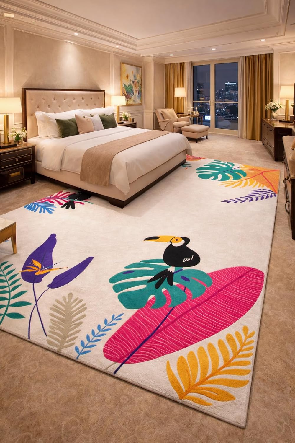 Tropical Area Rug, Toucan and Flamingo Design, Colorful Palm Leaves Pattern, Cream Background, Living Room Decor (8 * 10 feet)
