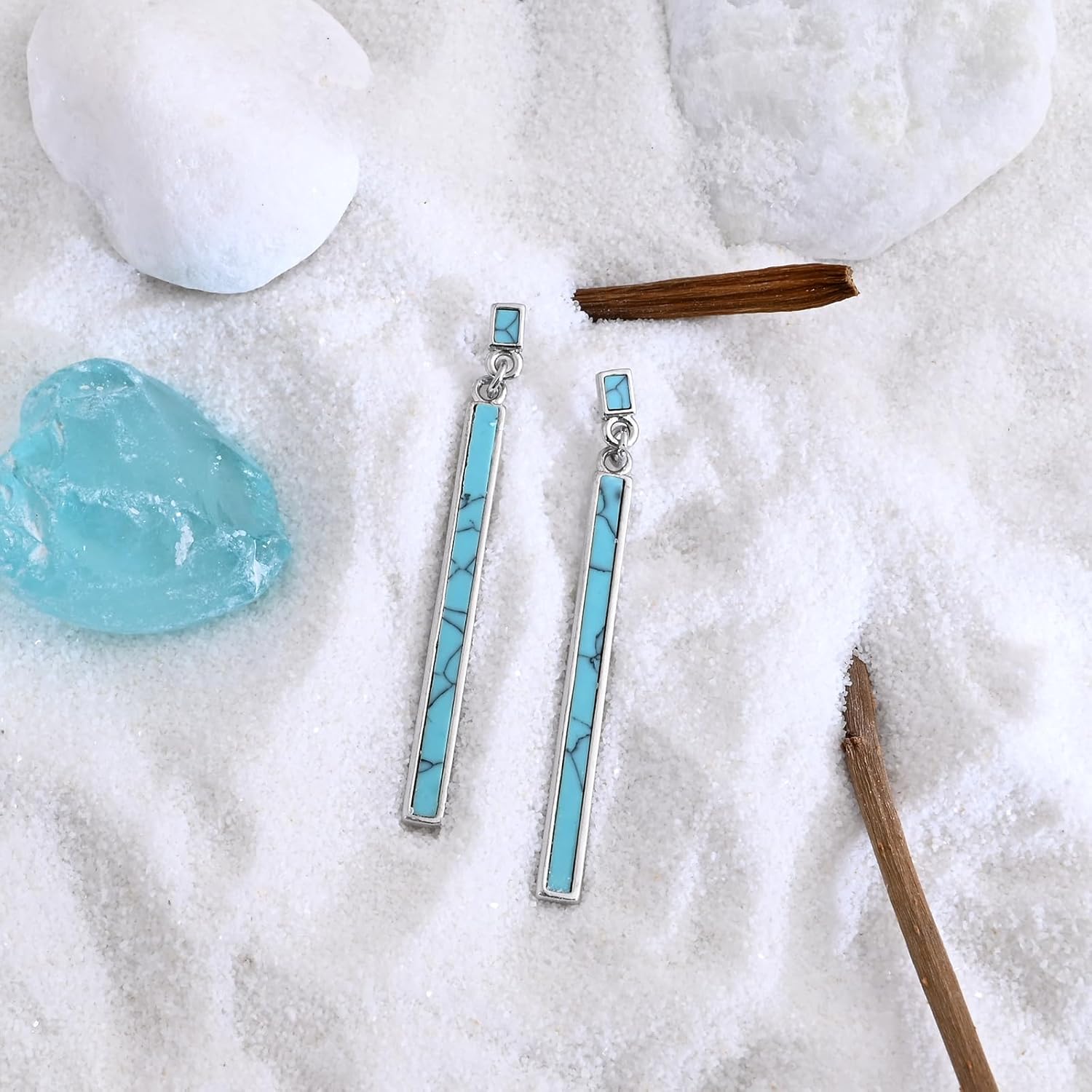 Silver Turquoise Dangle Earrings for Women Long Bar Turquoise Stud Earrings Boho Style Gemstone Jewelry - Image 5