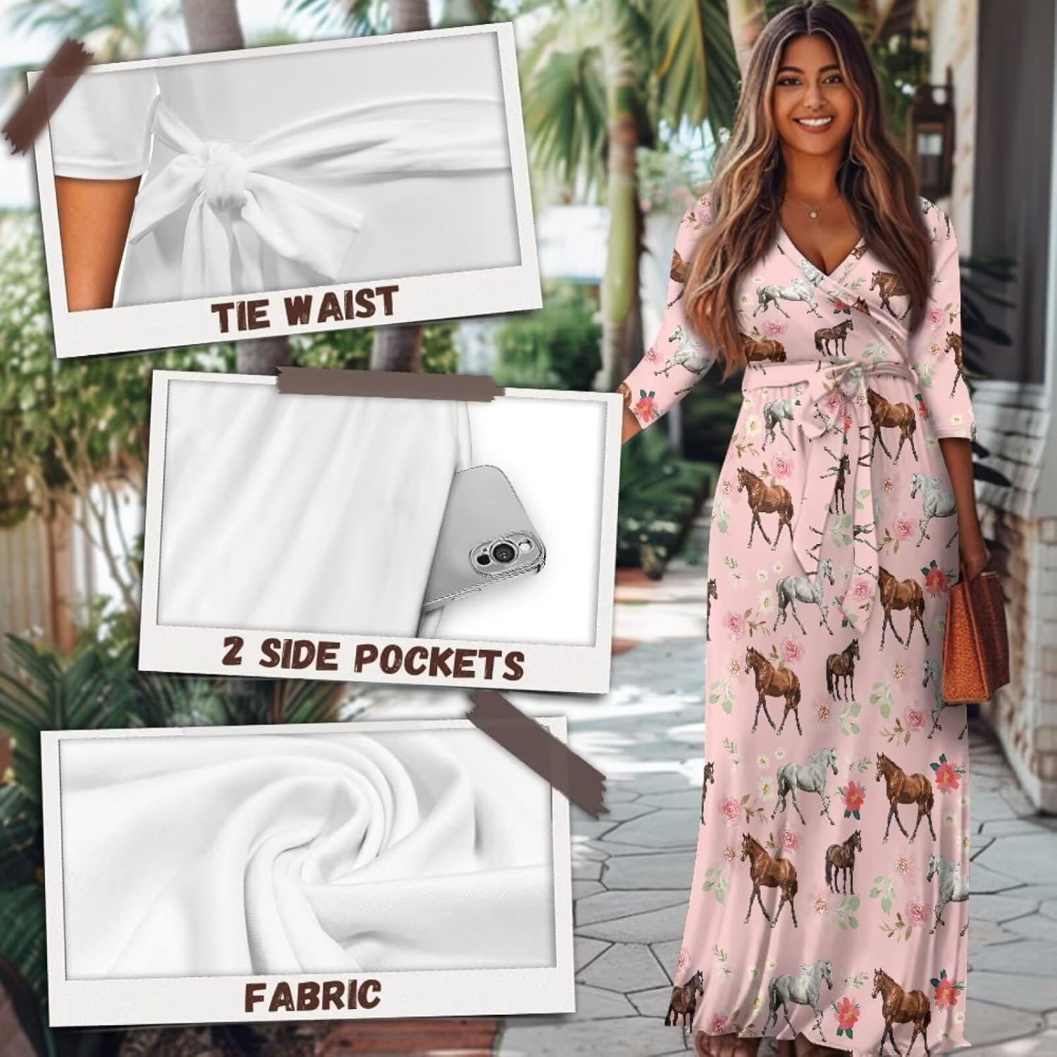 Plus Size Maxi Dress for Women Casual Summer Sundress V-Neck 3/4 Sleeve Dress with Pockets