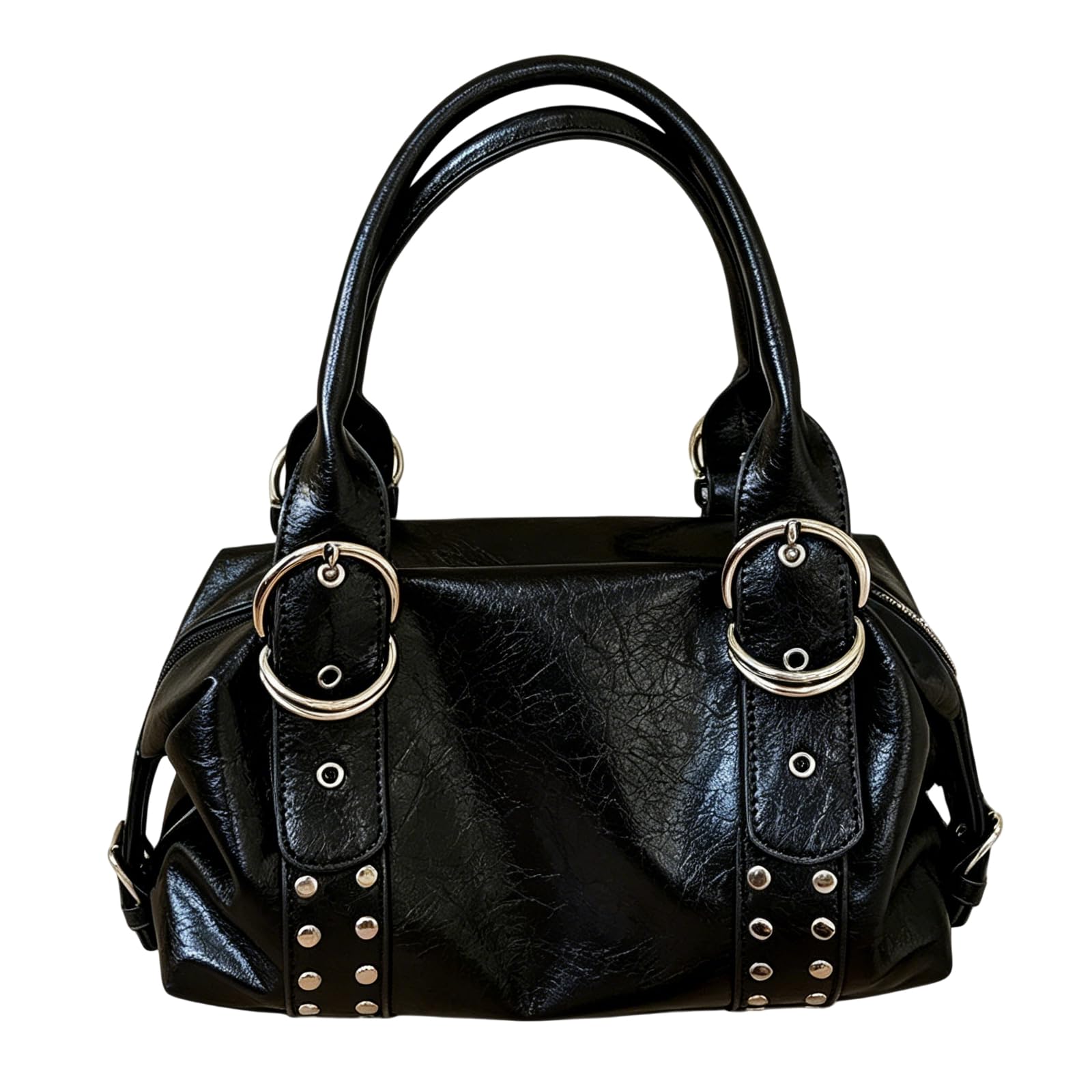 Bolso de mano de piel sintética de gran capacidad para mujer con cierre de cremallera | Bolso de hombro con remache de color sólido de gran capacidad para mujer, piel sintética, cierre de cremallera