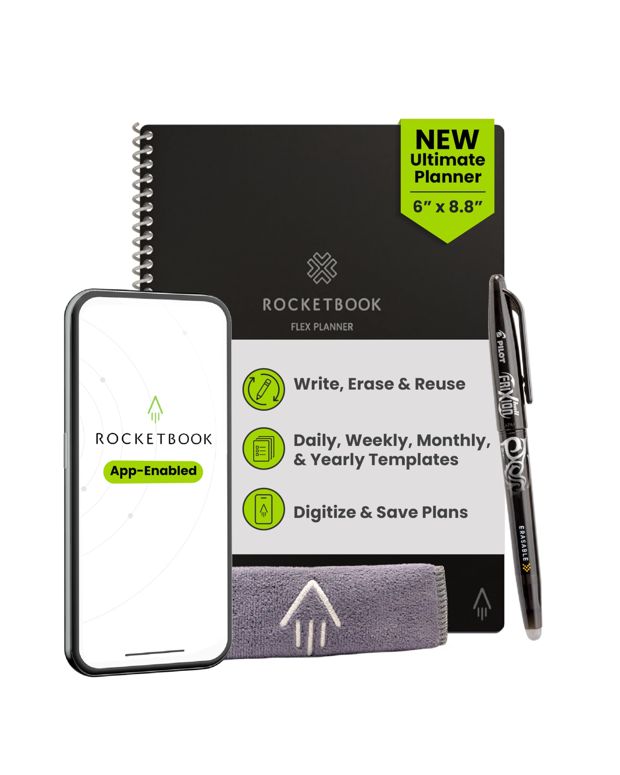 Rocketbook Flex Planner, riutilizzabile non datato intelligente, formato esecutivo 15,2 x 22,4 cm nero - Giornaliero, settimanale, mensile, calendario annuale, attività, obiettivi, pianificazione