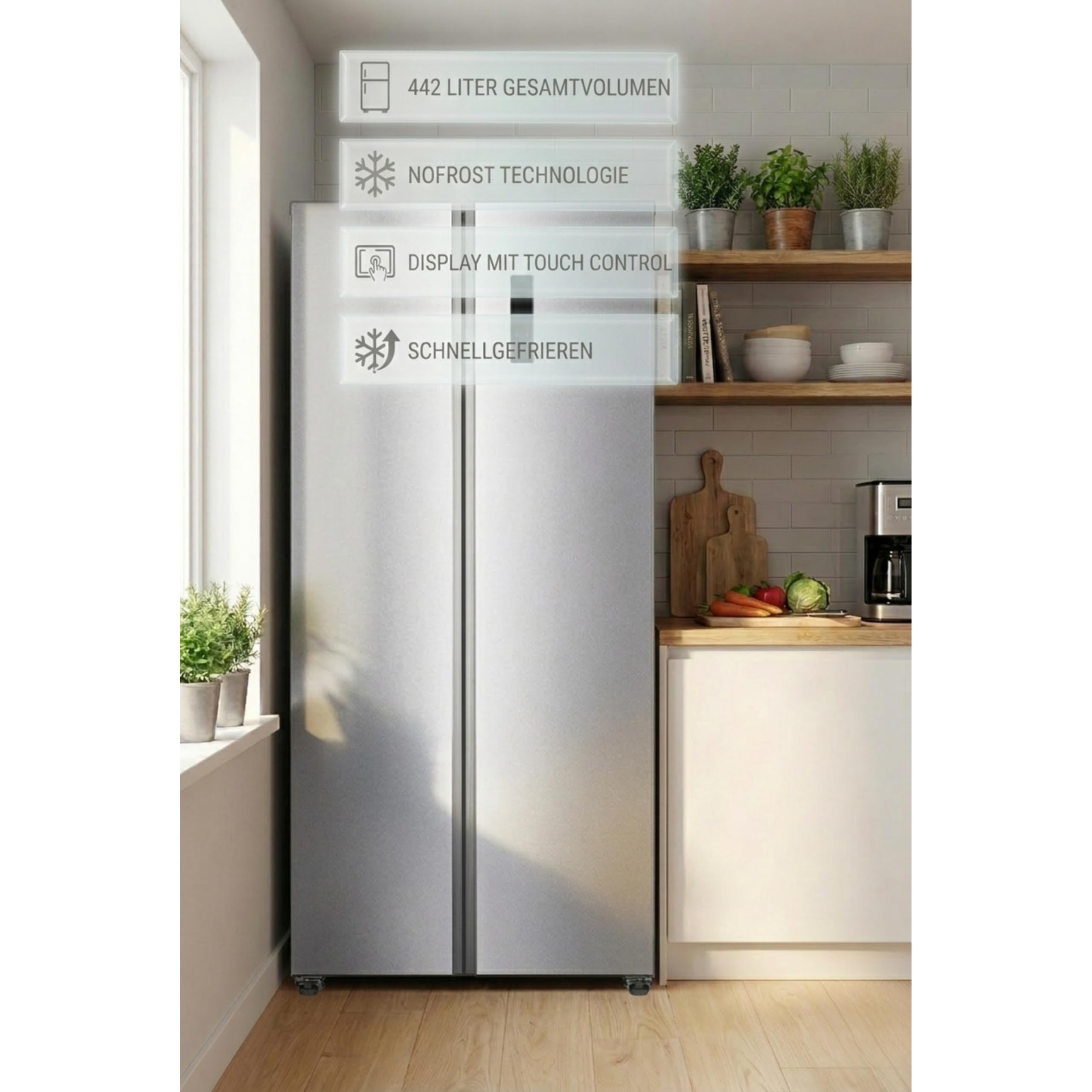 PKM SBS442ENFDIX Fridge-Freezer - Side by Side - Stainless Steel Design - 291 Litre Cooling - 151 Litre Freezing - NoFrost - Quick Freeze Mode - Display - Door Alarm