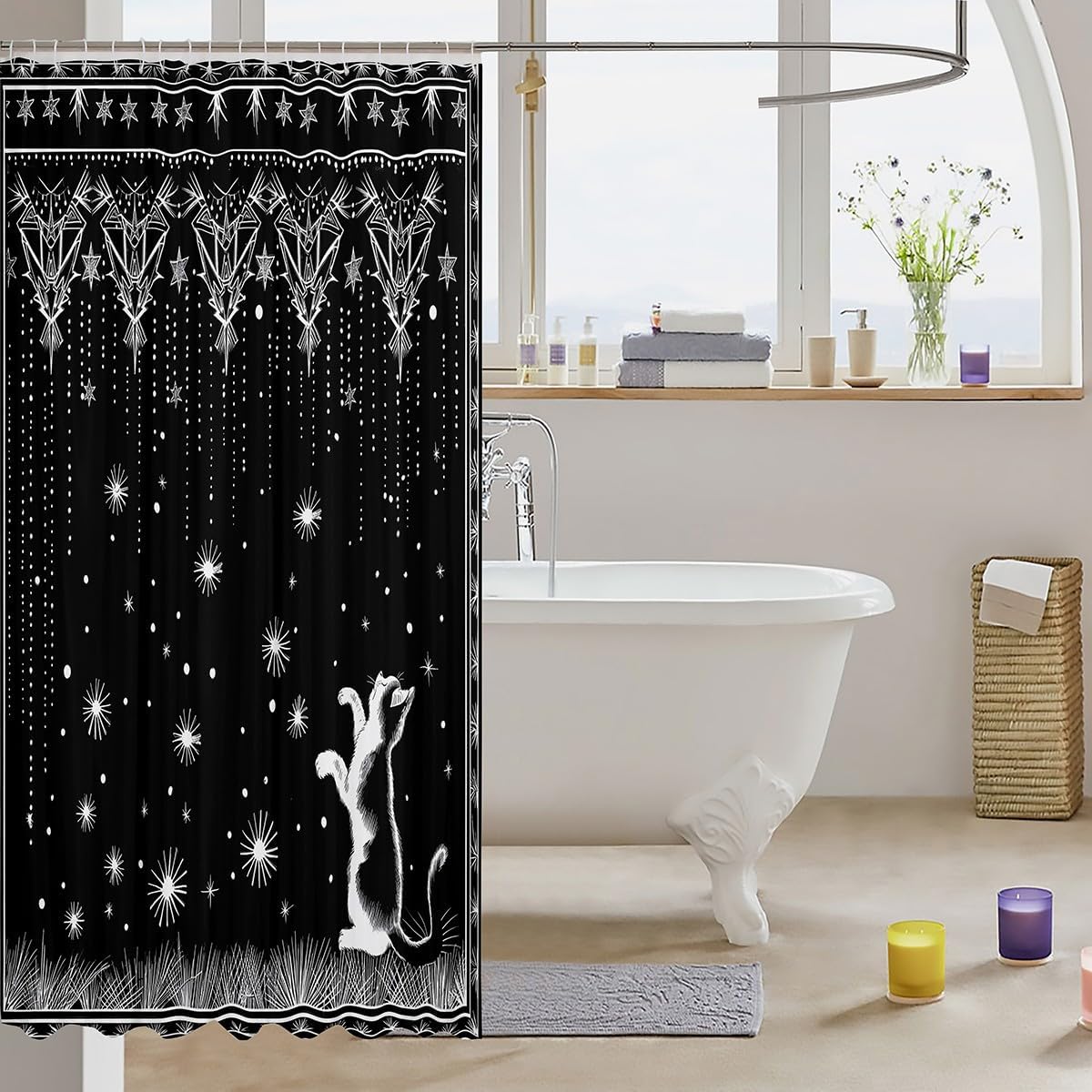 Cat Shower Curtain,Geometric Star Abstract Snowflake Bathroom Curtain for Kids Boys Girls Bathroom Decor,Glitter Polka Dot Bath Curtain,Black White Animal Boho Waterproof Curtain,12 Hooks,72"Wx72"L image 3