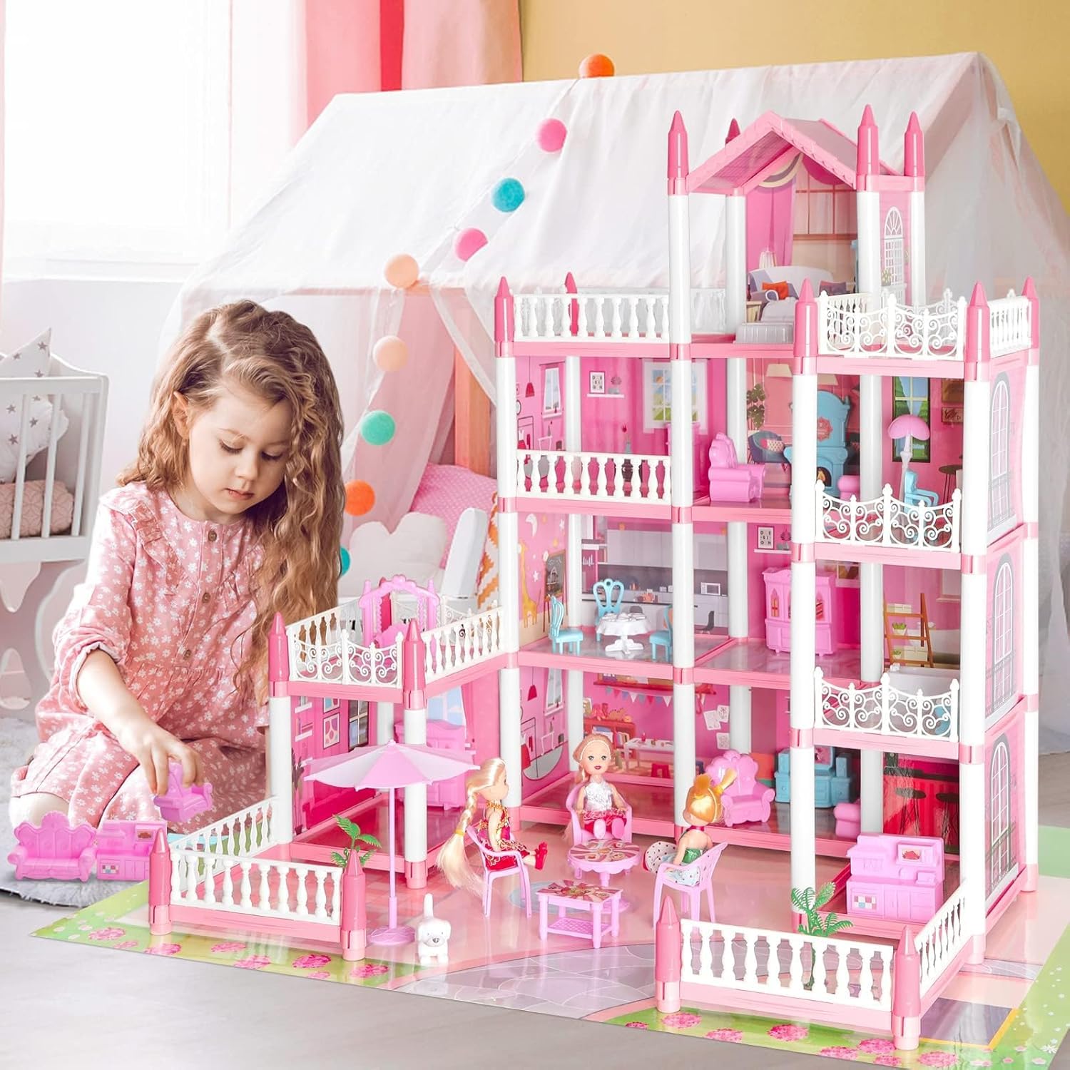 Riderev Doll House,Dream House for Girls Pretend-Play DIY Dollhouse Kit,3-Story 9 Rooms Playhouse with 3 Dolls Toy Figures, Furniture and Accessories Set Gift Toy for Kids Ages 3 4 5 6 7 8+ 1