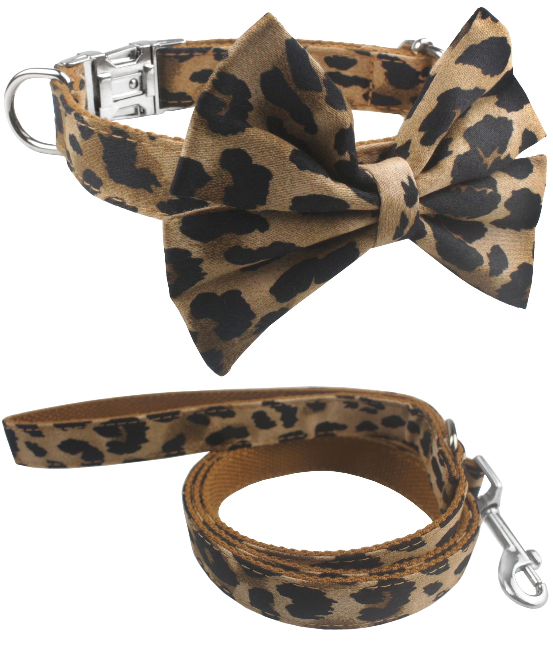 Soft Comfortable Adjustable Leopard Print Pet Collar with Bowtie, Heavy Duty Dog Collar and Leash Set for Small Medium Large Dogs Cats, Puppy Grooming