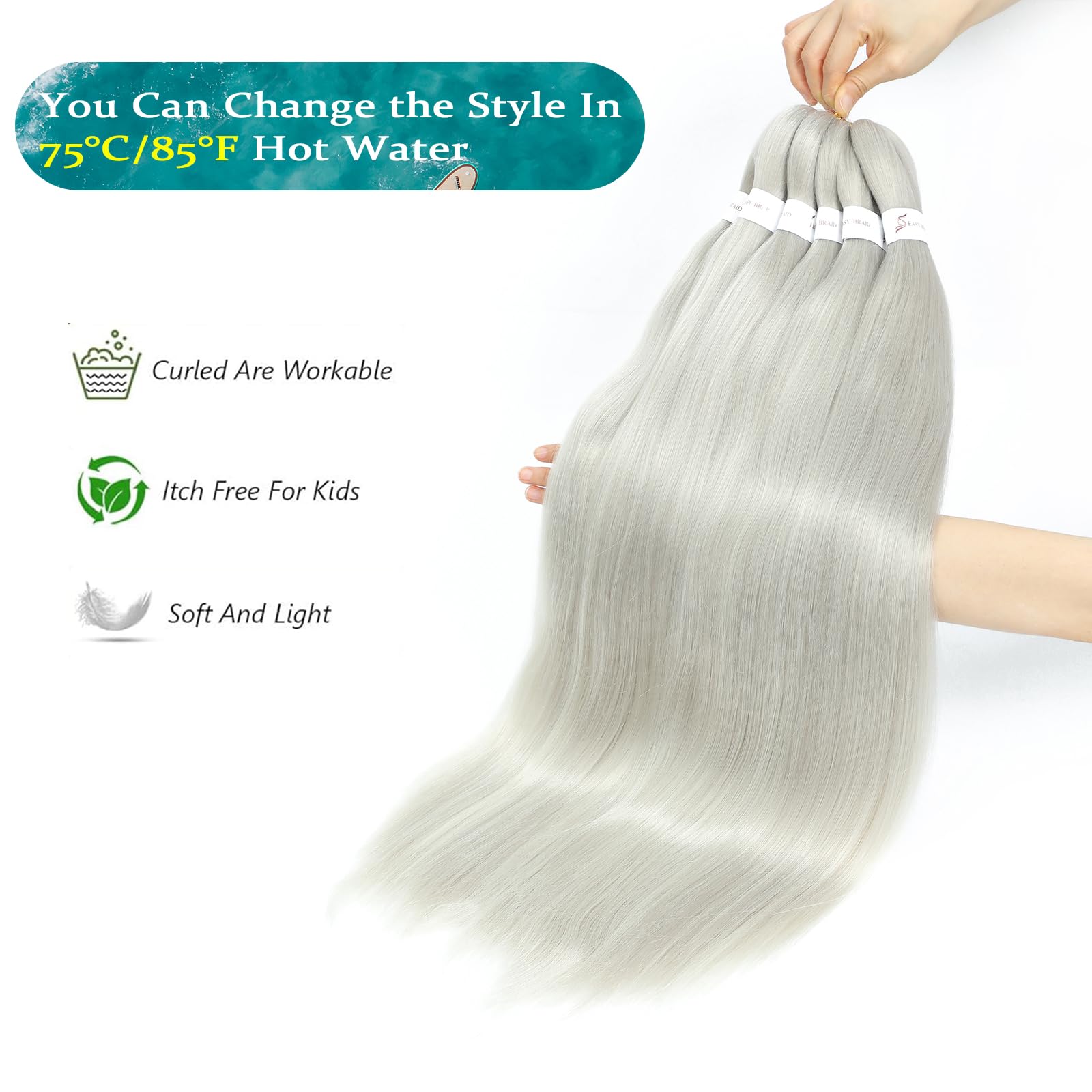 36 Inch Pre Stretched Braiding Hair,6 Packs Soft Yaki Texture EZ Braid for Box Braids Hot Water Setting Synthetic Fiber Hair Extensions(Silver) - Image 4