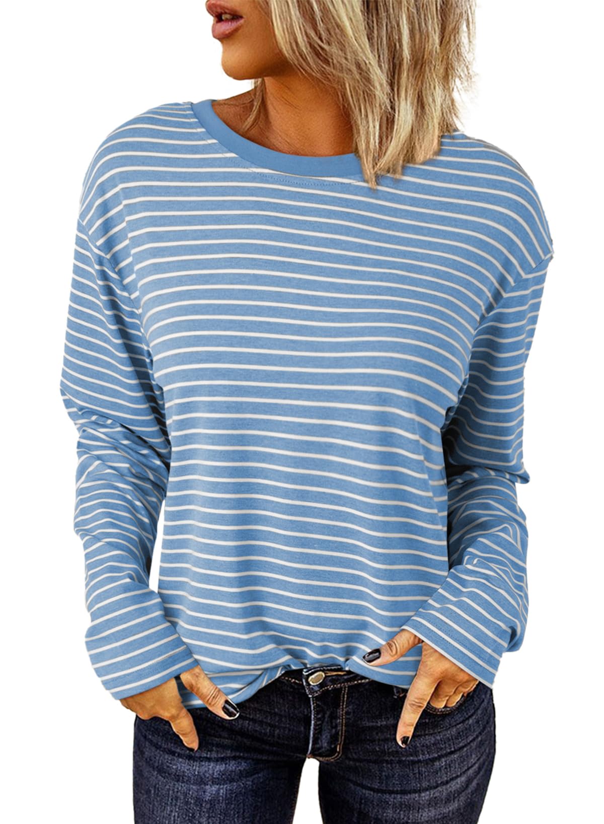 Dokotoo Women's Casual Striped Long Sleeve Tops Crew Neck Knit Basic T Shirts