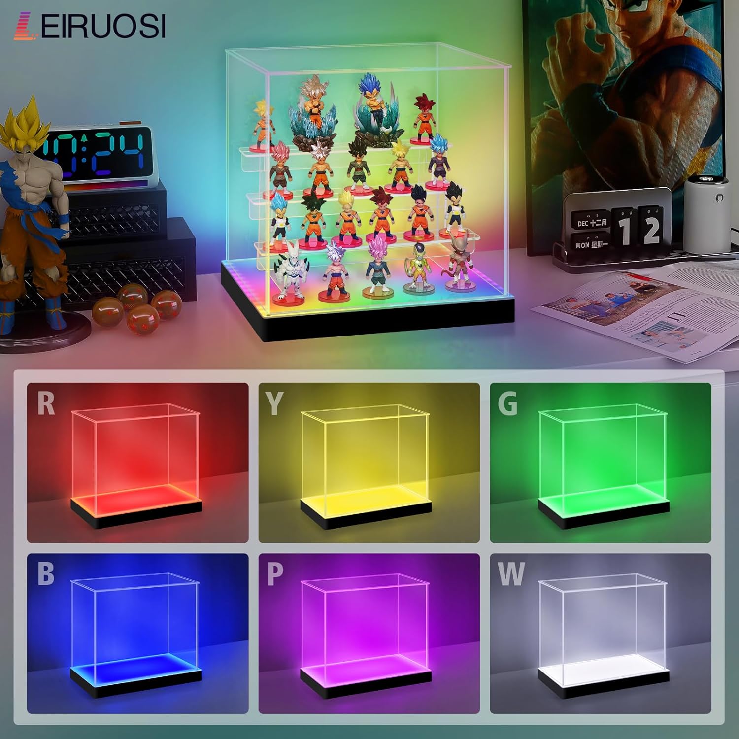 Display Case with RGBW LED Light, 3 Tier Clear Display Box for Figures and Collectibles, UV Protection & Dust-Proof, Self-Assembly Storage Showcase for Miniatures (11.8x6.5x9.4 inch)