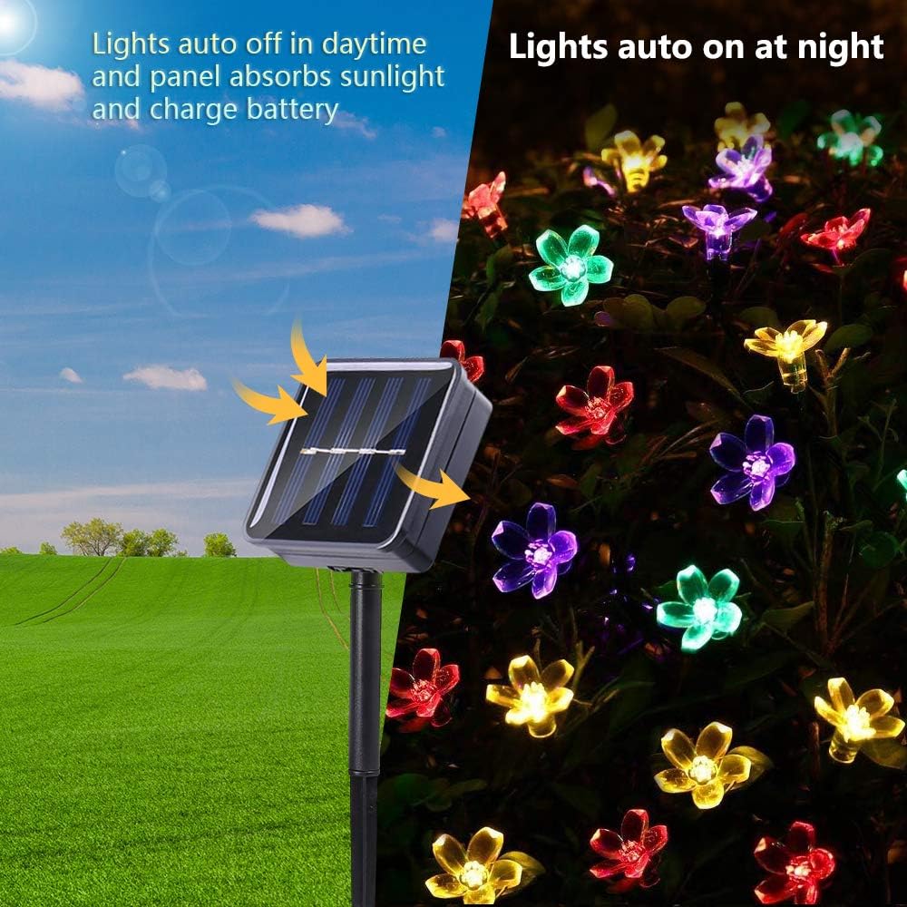 Joomer Outdoor Solar String Lights, Flower String Lights, 50LED Cherry Blossoms String Light 8 Modes Memory Function Waterproof for Garden, Patio, Fence, Yard, Outdoor Decor (Multicolor)