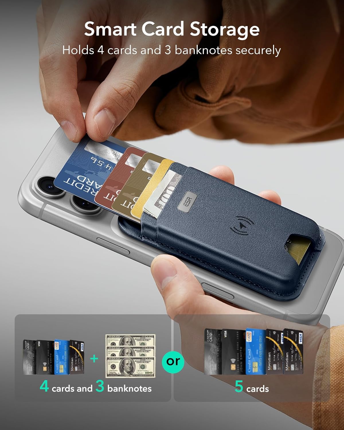 ESR Geo for MagSafe Wallet with Full Find My Functionality, RFID Blocking, 5 Cards Holder for Phone Case, Strong Magnetic Wallet for iPhone 17e/17/16/15/14/13/12 Series, Not for Mini, Dark Blue