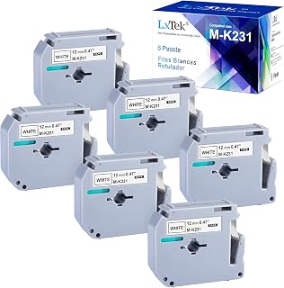 M-K231 KIT COM 6 FITAS BRANCAS ROTULADOR BROTHER COMPATÍVEL M-K231 MK231 M231 M-K231S Compatível PT-M95 PT-90 PT80 PT70 PT-65 PT85, 12mm x 8m