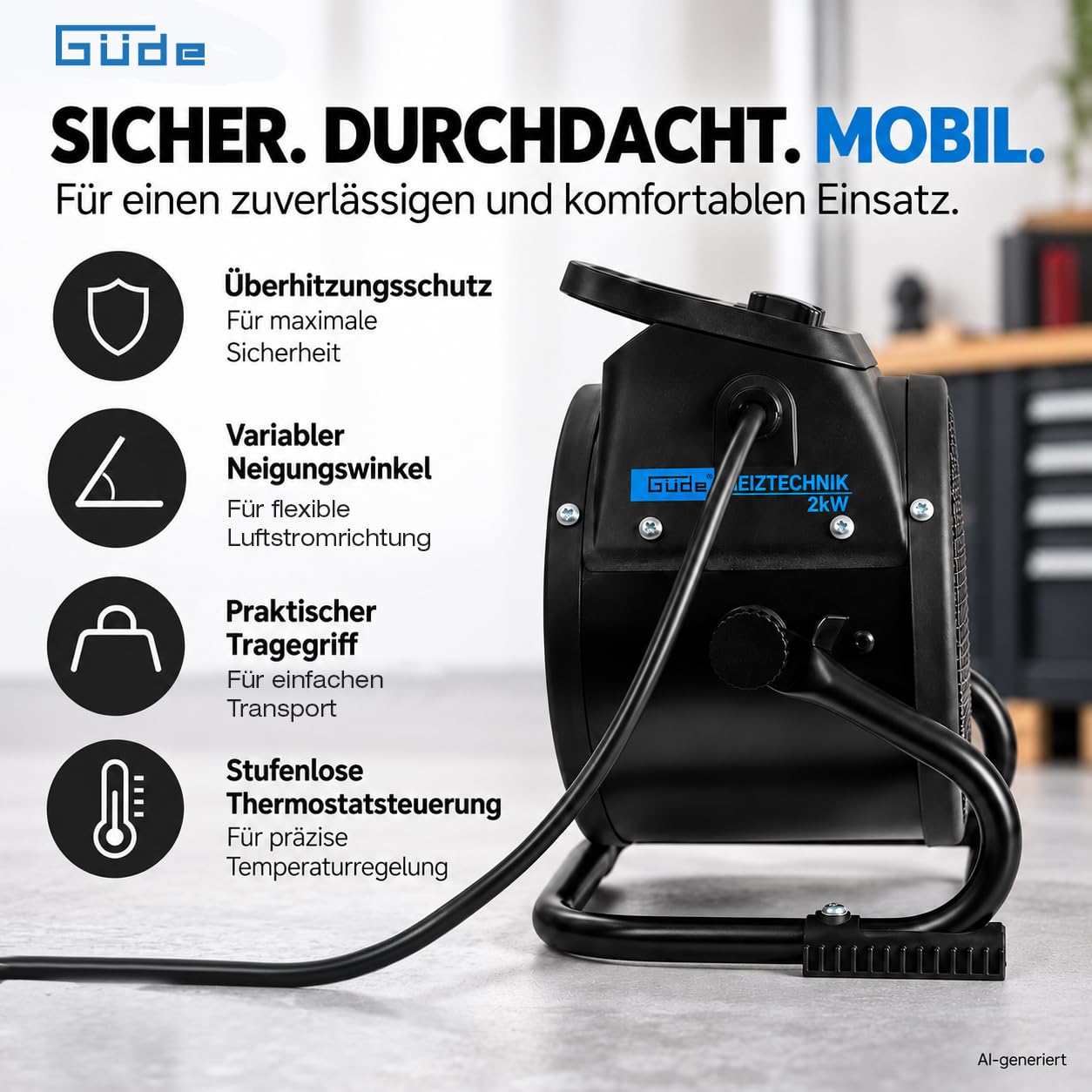 Güde Elektroheizer GEH 2000 P 2er - 230 Volt, 2 Heizstufen 1 kW / 2 kW