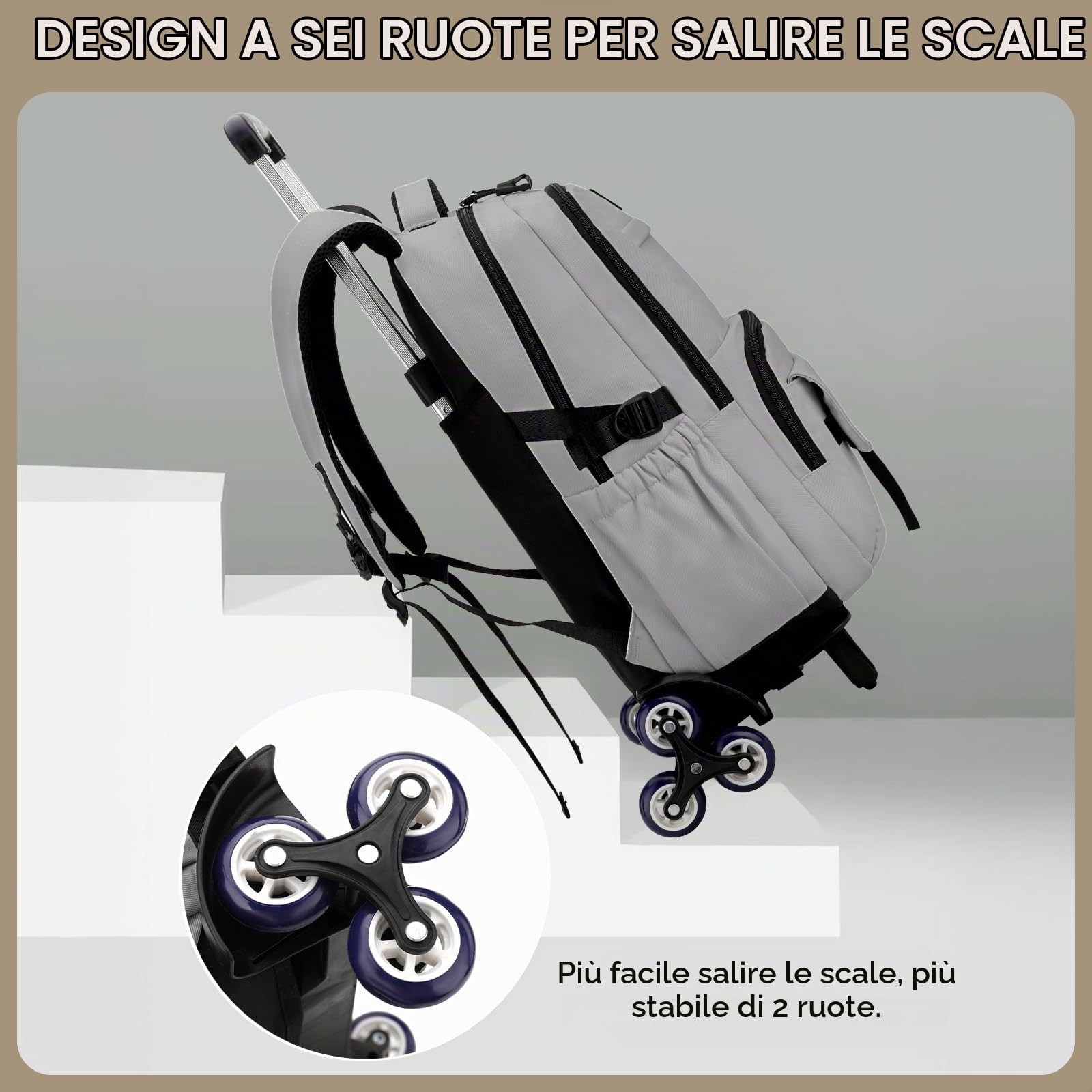 Amythe Zaino Trolley per Adolescenti, Zaini Scuola Media e Superiore per Ragazzi, Zainetto Casual per Uomo alla Moda Leggero da 31 Litri, 6 Ruote, Grigio