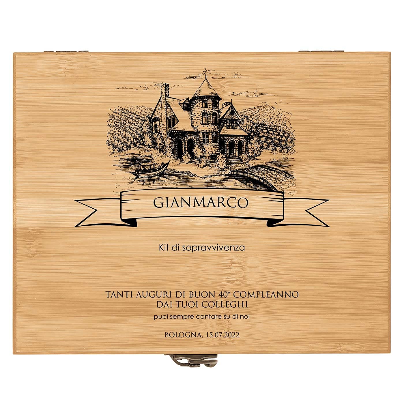 Maverton Accessori da vino La Dedica - Kit da Sommelier Personalizzato - Scatola in legno di bambù + 8 pezzi di Accessori Vino - regalo uomo - regalo di Natale - Il kit