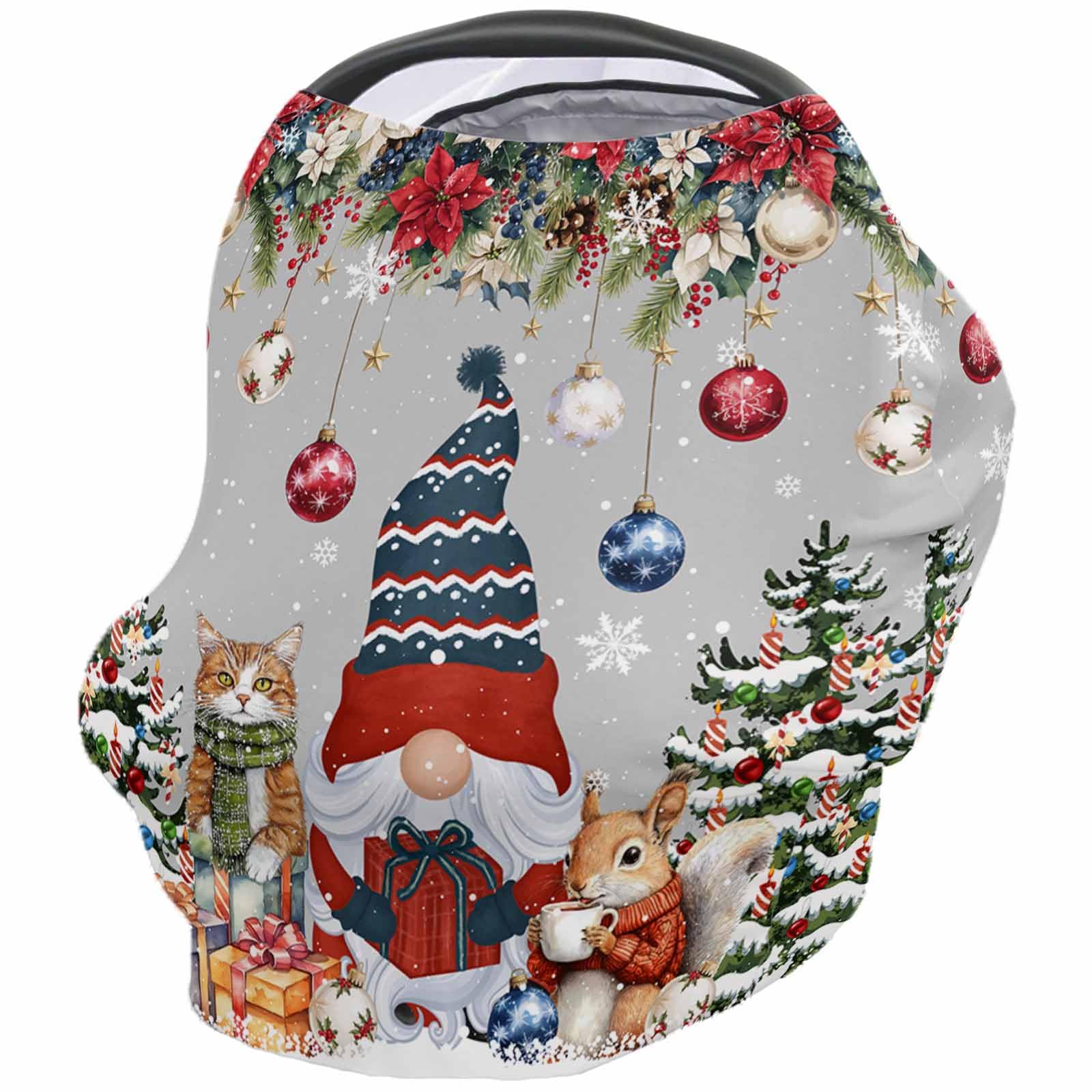 Nursing Cover for Breastfeeding Scarf, Merry Christmas Gnomes Poinsettia Xmas Tree Squirrel Grey Baby Car Covers Super Soft Multi Use for Canopy Shopping Cart Cover Blanket Stroller Cover
