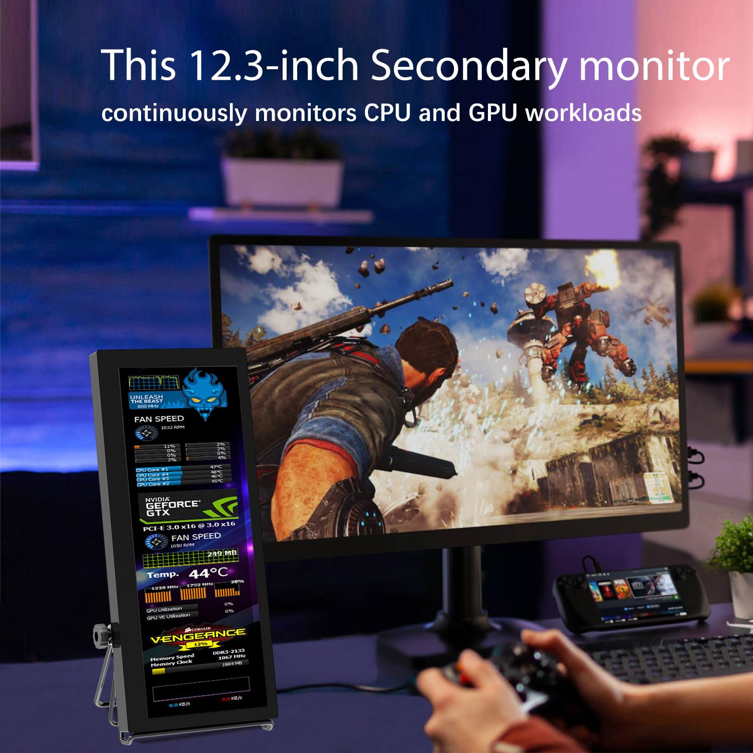 Mini Monitor da 12,3 pollici, 1920x720 Formato Barra Allungata Metallo | Portatile Monitor da Viaggio IPS con Altoparlante, con VESA, HDMI, USBC, per Laptop/Computer/GPU/CPU/RAM