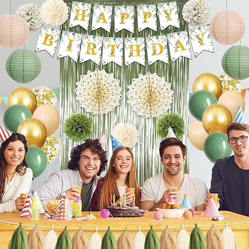 Miniatura 6 de Decoraciones de fiesta de cumpleaños verde salvia con pancarta de feliz cumpleaños, cortina de flecos de globos verde oliva dorado para niñas y