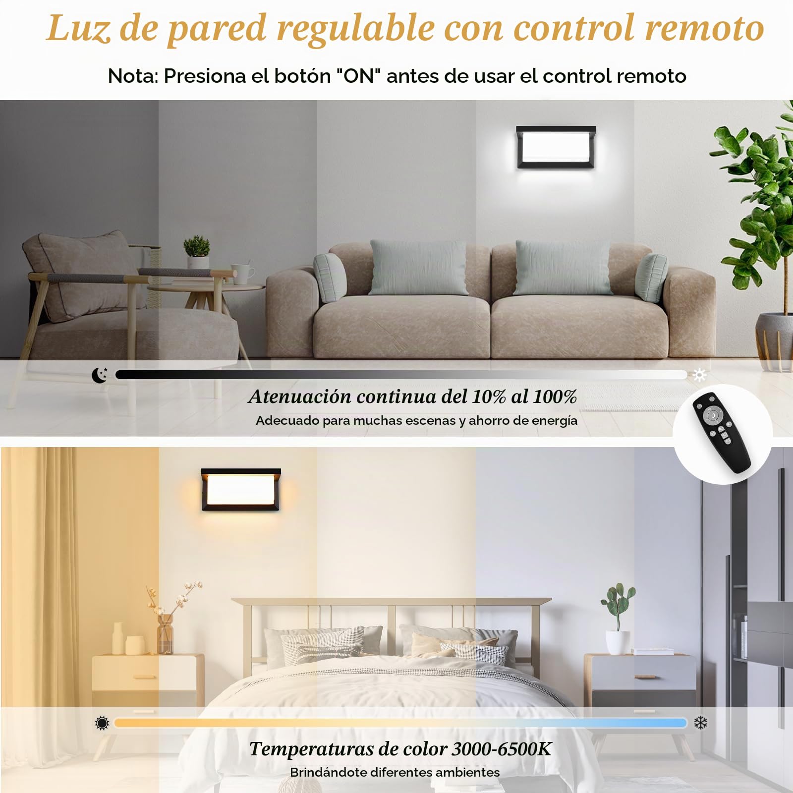 YindaLux 18W LED Lámpara de Exterior con Detector de Movimiento, Aplique con Mando a Distancia, IP65 Lámpara de Pared Interior, 3000-6500K, Lámpara de Exterior Regulable para Jardín, Negro