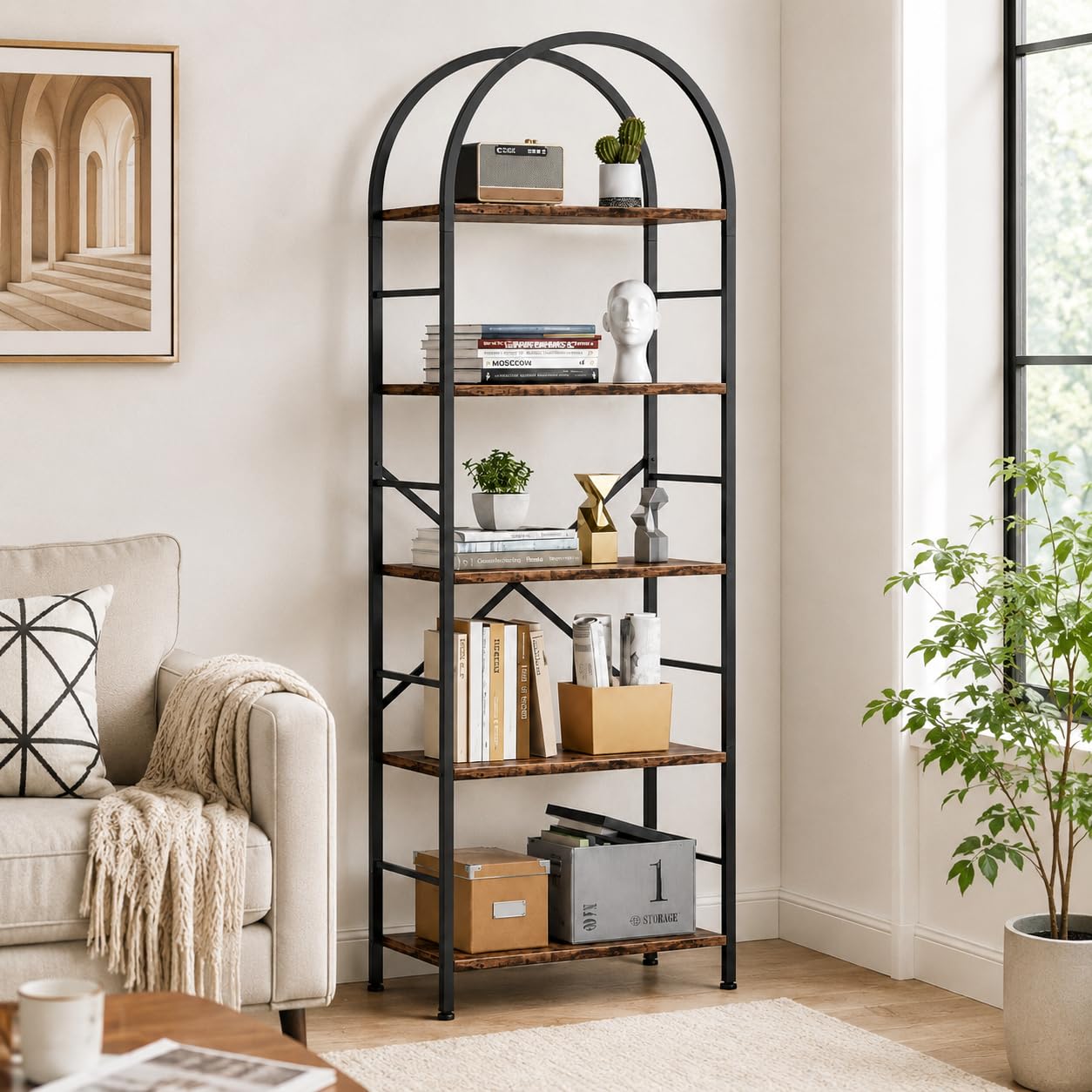 HOME CUBE 5-Tier Standing Shelf Unit, Freestanding Storage Rack with Wooden Shelves & Metal Frame, Microwave Stand, Kitchen Organizer, Bookshelf, Multipurpose Storage, Arched Top Design- 60x30x170cm-image-1