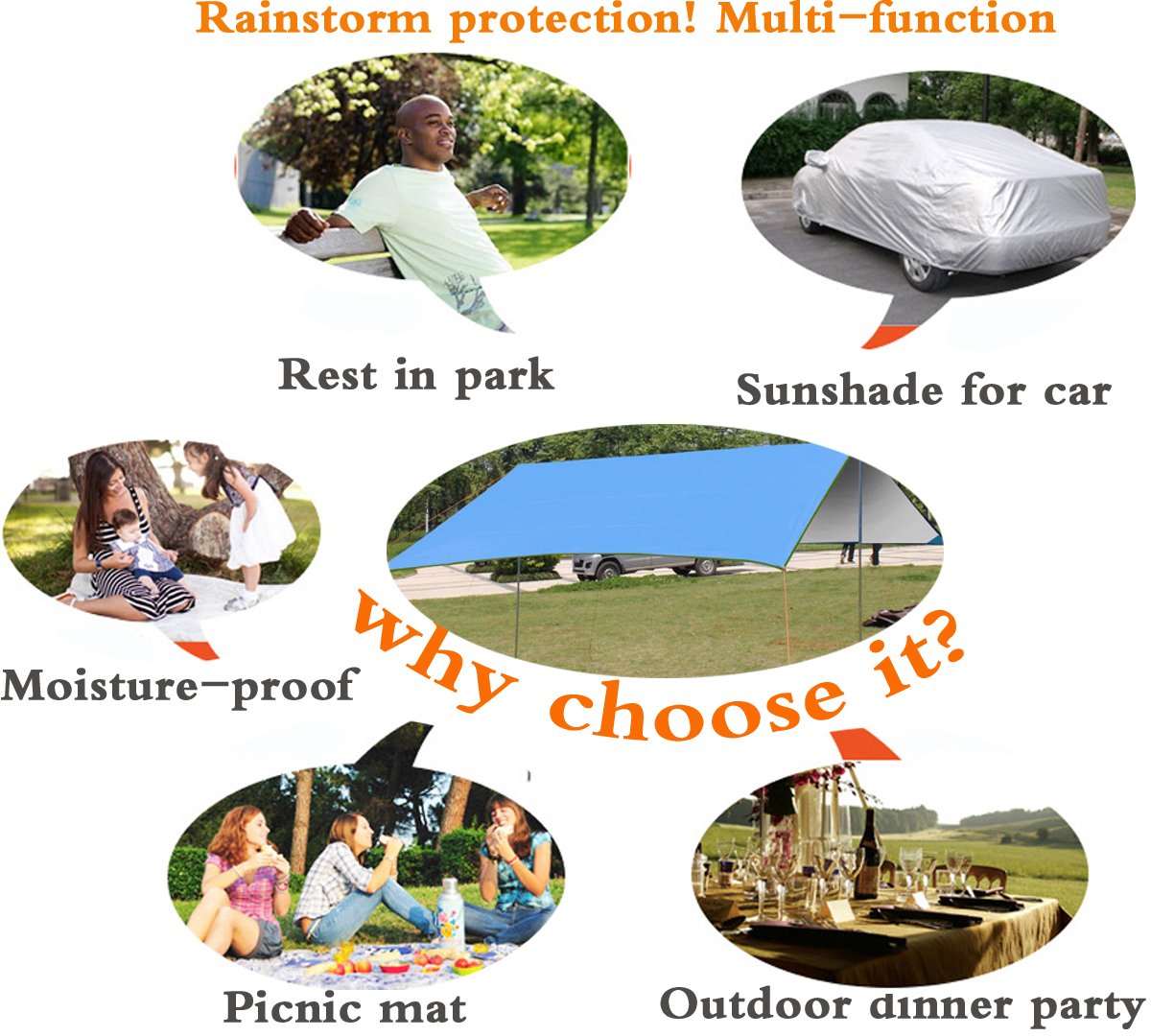 E-Onfoot Waterproof Camping Tarp for Picnics, Tent Footprint, and Sunshade(Black-200 * 140cm)