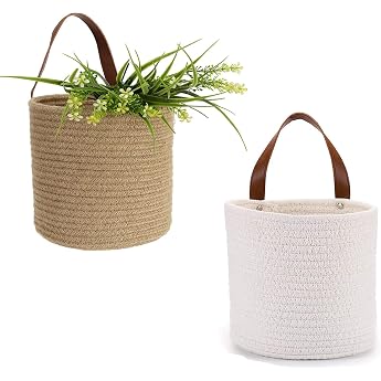 Storage Baskets Wall Basket Hanging Basket with PU Leather Handle Pack of 2 Flower Pot Plant Baskets Woven Cotton Rope Basket Cotton Baskets