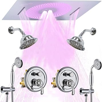 Luxury Dual Shower System for Couples, LED 14x20 Inch 2-Function and Dual 6 Inch Side Wall Mounted Shower Heads, Handled, 3-Way Diverter Valves Set, Chrome