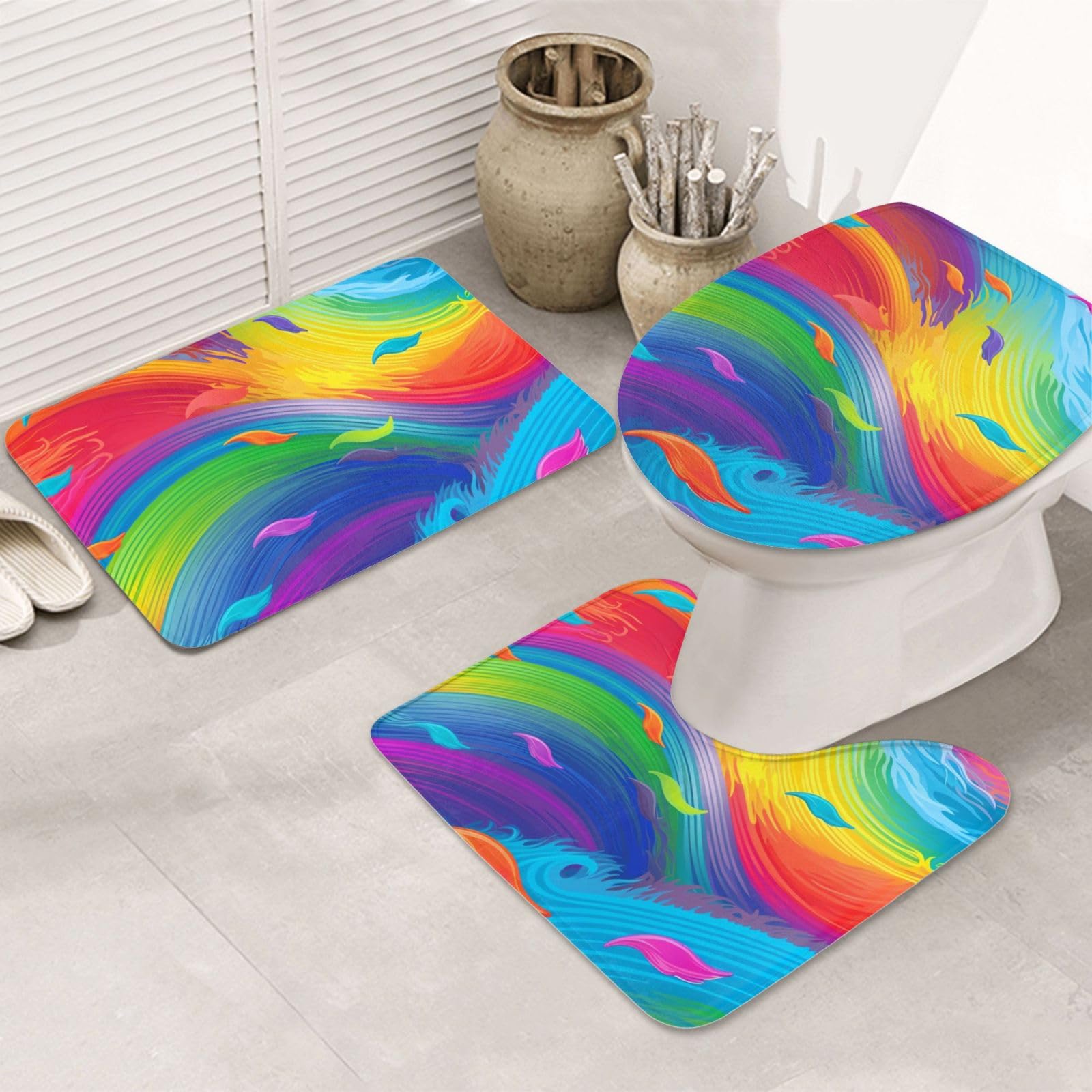 Dwrepo Rainbow Ocean Print Bathroom Rug Set 3 Piece with Non-Slip U-Shaped Contour Mat and Toilet Lid Cover for Bathroom Decoration