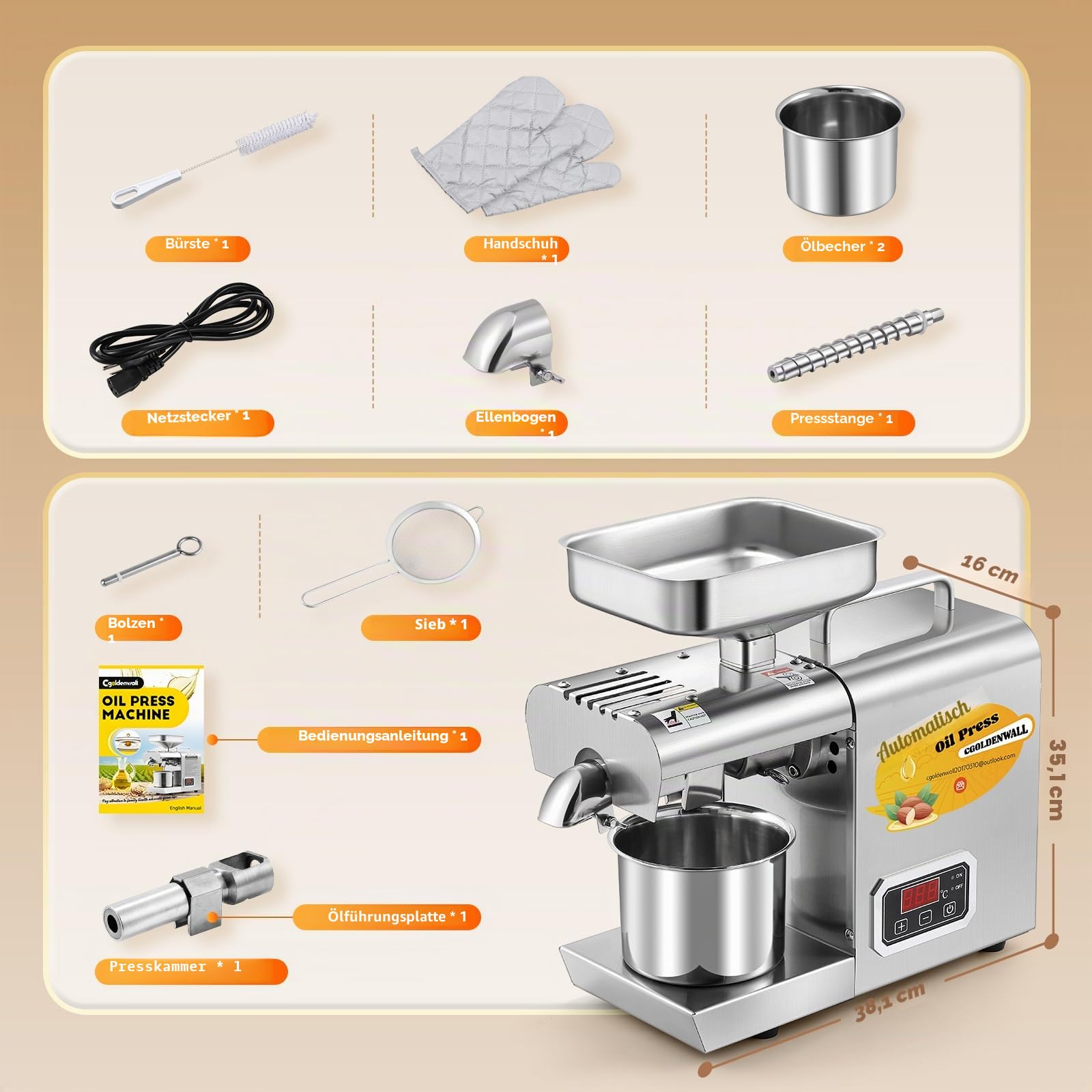CGOLDENWALL 1000W LED Ölpresse Maschine Ölabzieher Expeller mit intelligentem Temperaturregler/Industriemotor/komplett Edelstahl