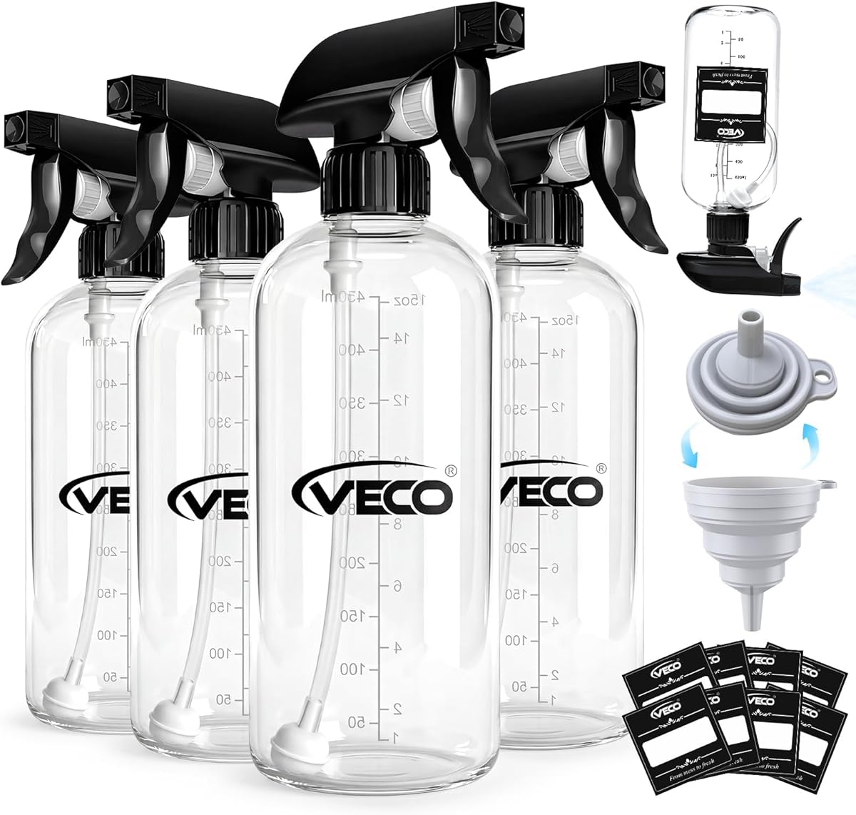 Veco 500mL (17oz) Graduated Spray Bottles, 4-Pack — 360° Any-Angle Spraying for Easy Dilution, Leak-Resistant spray bottles for Cleaning, Plants, Hair & Pet Use + Foldable Funnel