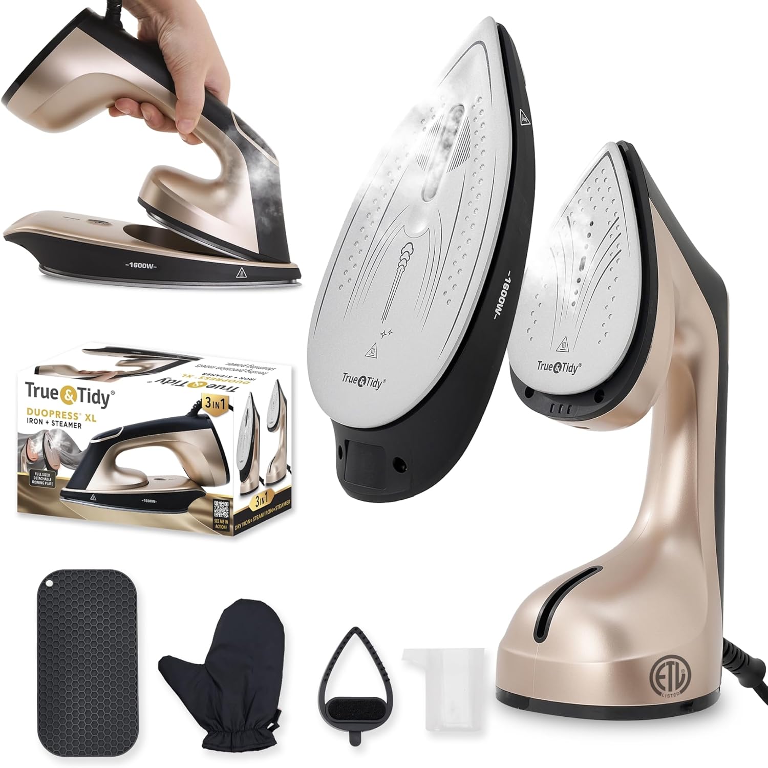 True & Tidy DuoPress XL 2-in-1 Clothes Steamer & Iron, 1600W Powerful Turbo Steam, Large Ceramic Plate, Smart Temperature Control, 3 Steam Modes