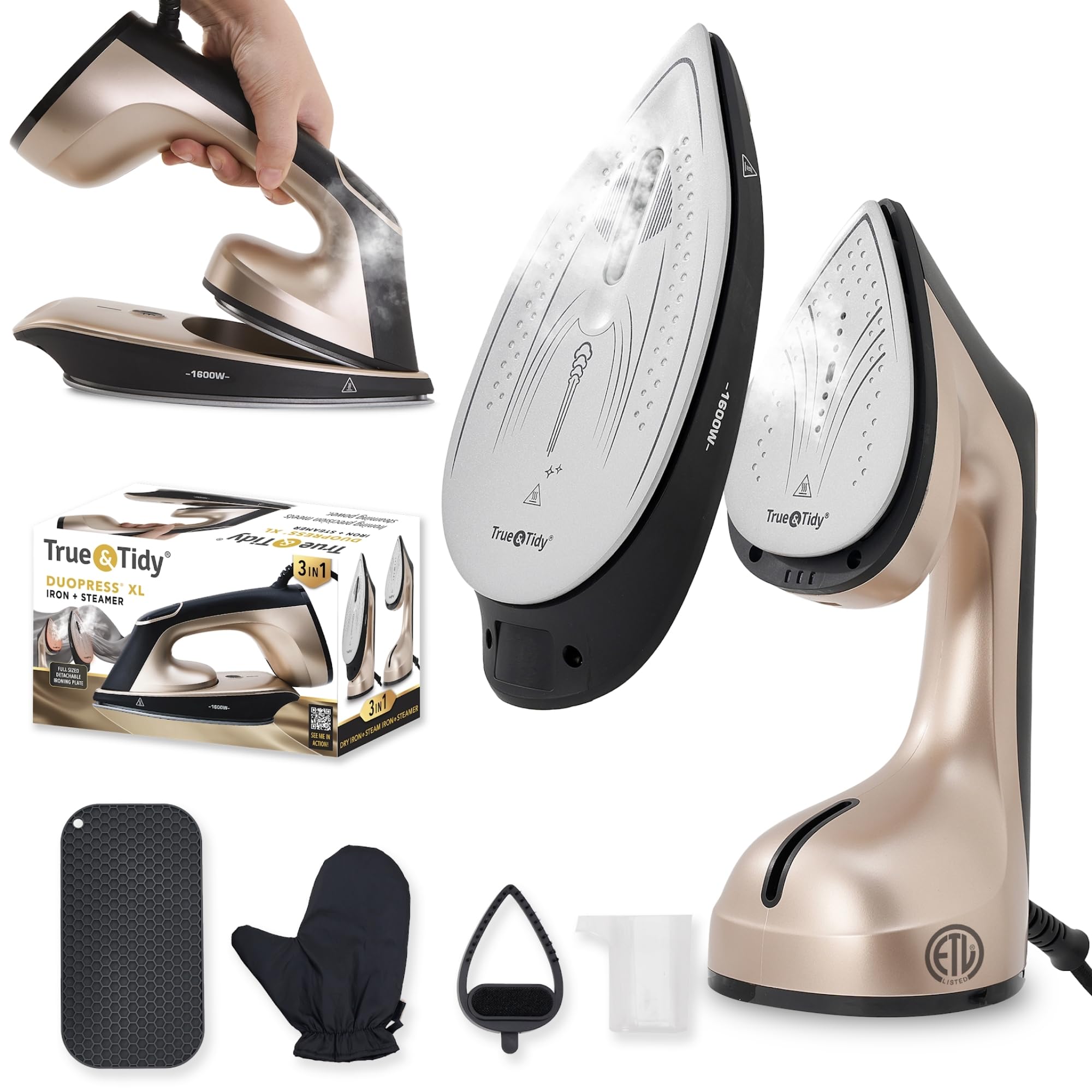 True & Tidy DuoPress XL 2 en 1 - Vapor y plancha de vapor de 1600 W, placa de cerámica grande, control inteligente de temperatura, 3 modos de vapor