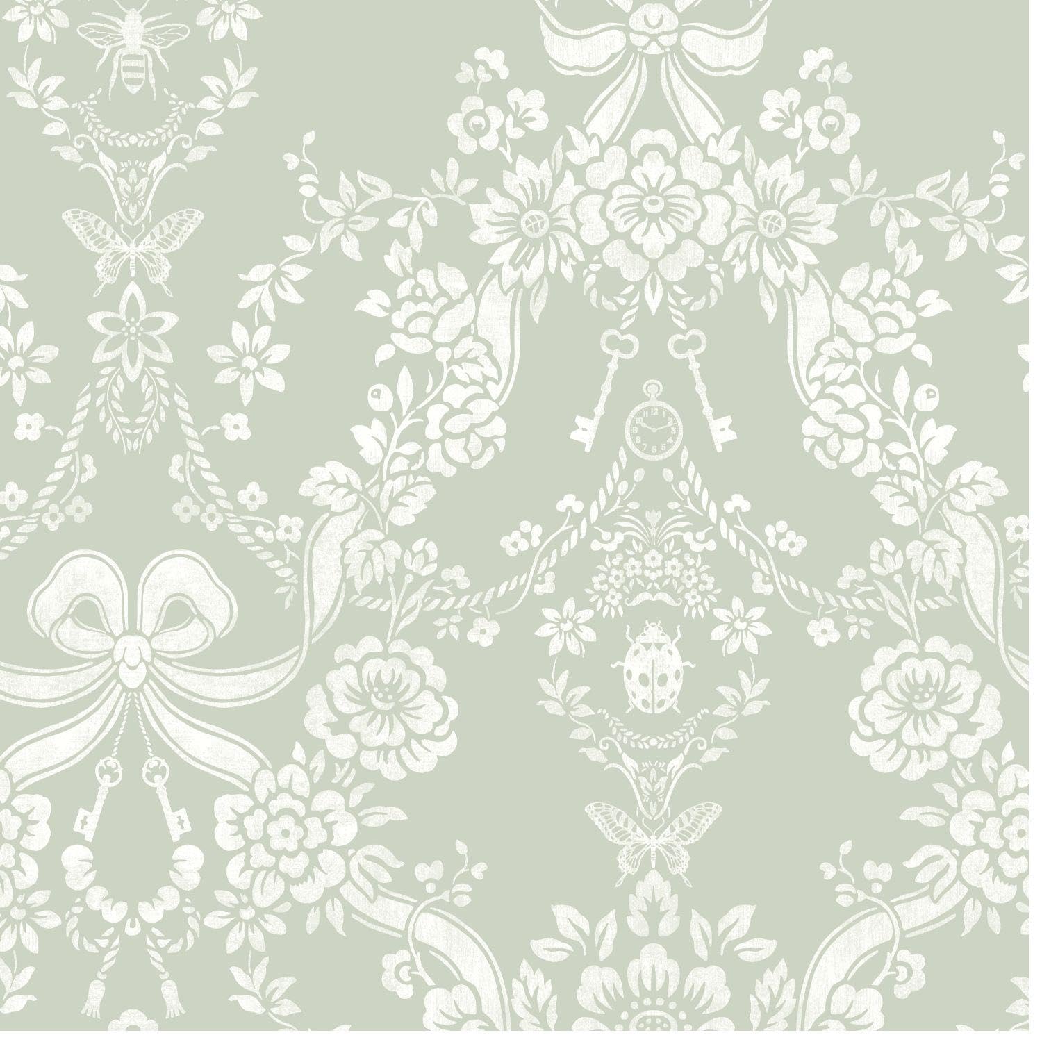 Yöl Sage Green Wallpaper Bow Damask - Elegant Contemporary Sophisticated Versatile - Paste The Paper - 53Cm X 10.05M - Bedroom Living Room Lounge - Statement Feature Wall