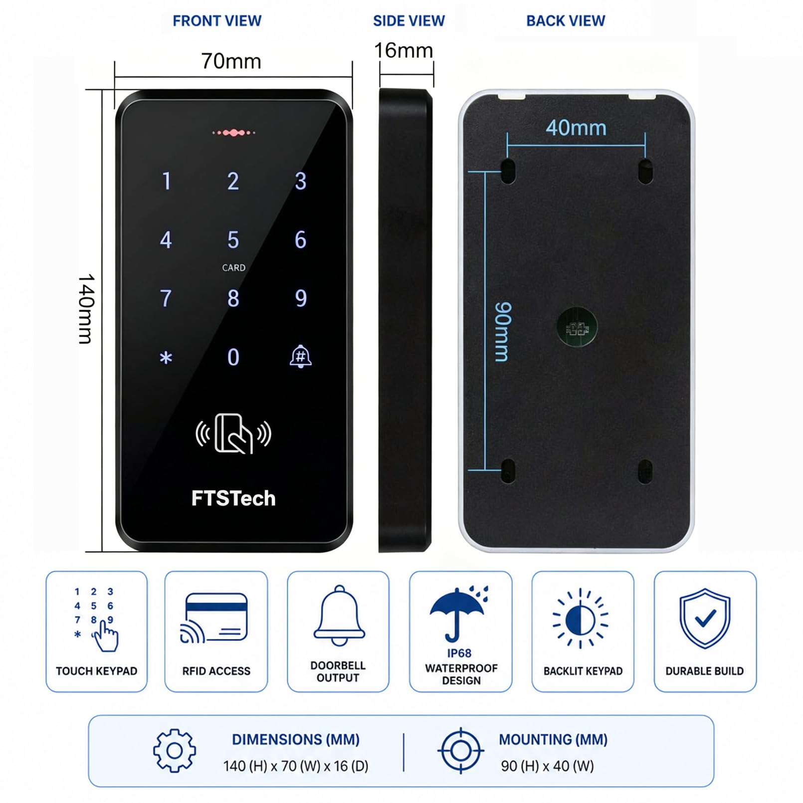 Wodoodporny system kontroli dostępu do drzwi DC12V IP68 RFID, 3000 użytkowników+10 Keyfo Niebieski (IC 13,56MHz)