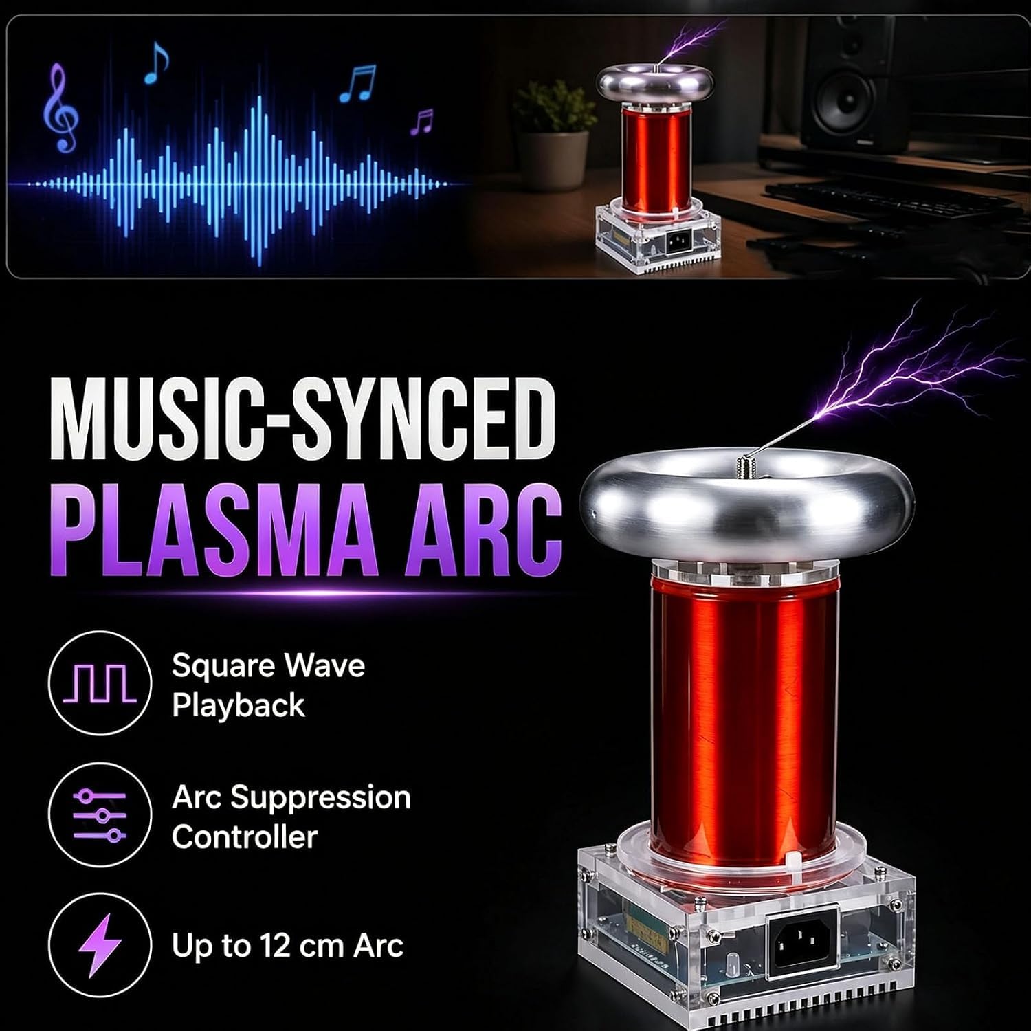 Bobina Ad Arco Al Plasma Sstc, Bobina Musicale Di Grandi Dimensioni, Con Controller Di Soppressione Dellarco, Scarica A Onda Quadra Sincronizzata Con La Musica, Arco Regolabile Da 12 Cm