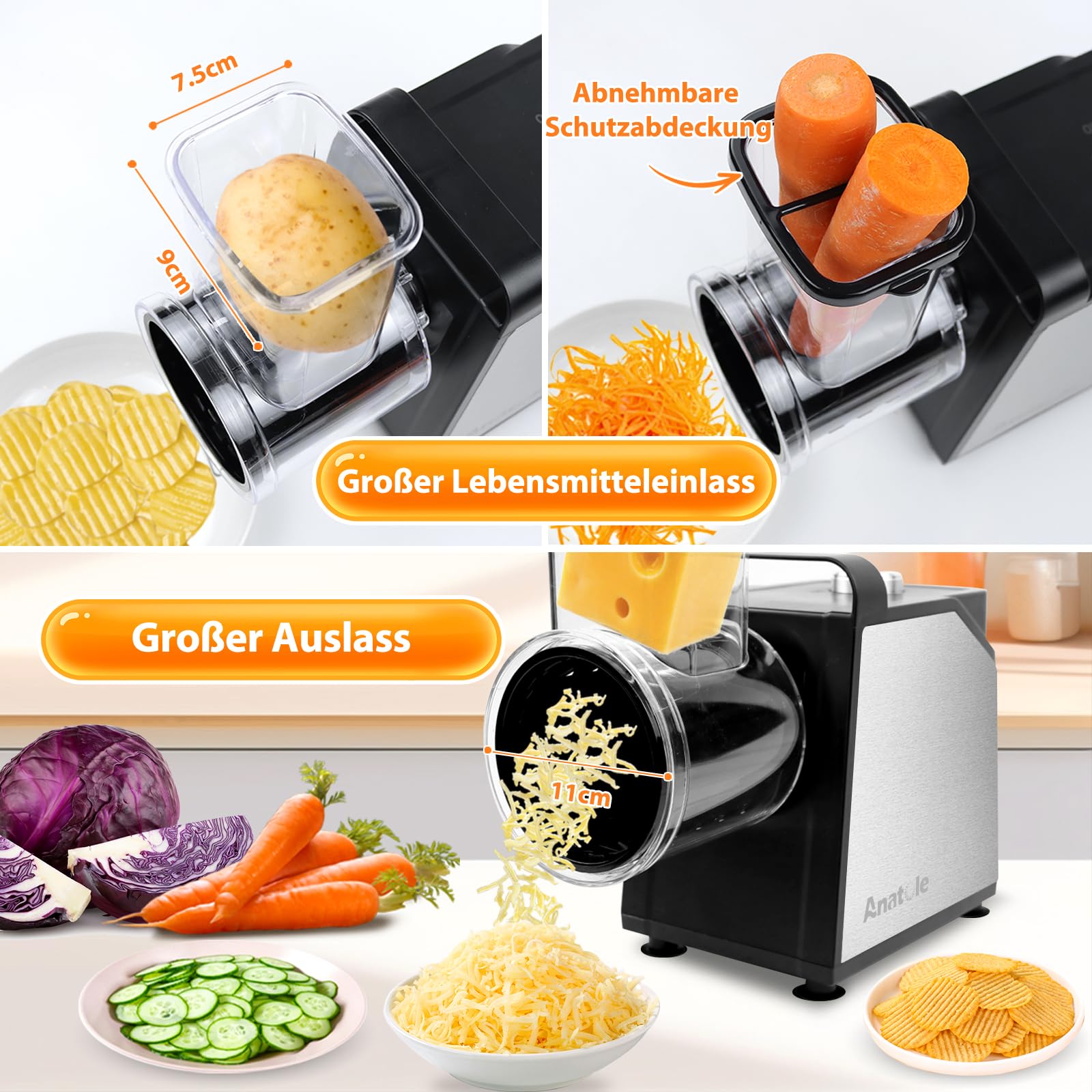 Anatole 7 in 1 Gemüseschneider Elektrisch Ice Crusher Käsereibe Edelstahl | Schneiden&Reiben&Mahlen&Eisrasierer Multifunktional, 7 Klingen, Großkaliber, 250W, für Kartoffeln Karotten Küche Hause, 220V