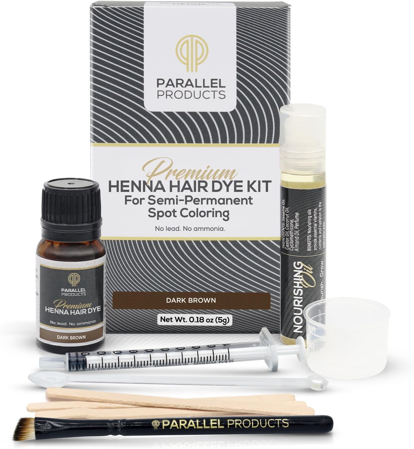 Parallel Products Spot Color Henna Kit - Henna Hair Dye - 5 Grams - Tint for Professional Spot Coloring - with Nourishing Oil, Mixing Dish and Application Brush - Root Touch Up (Dark Brown)