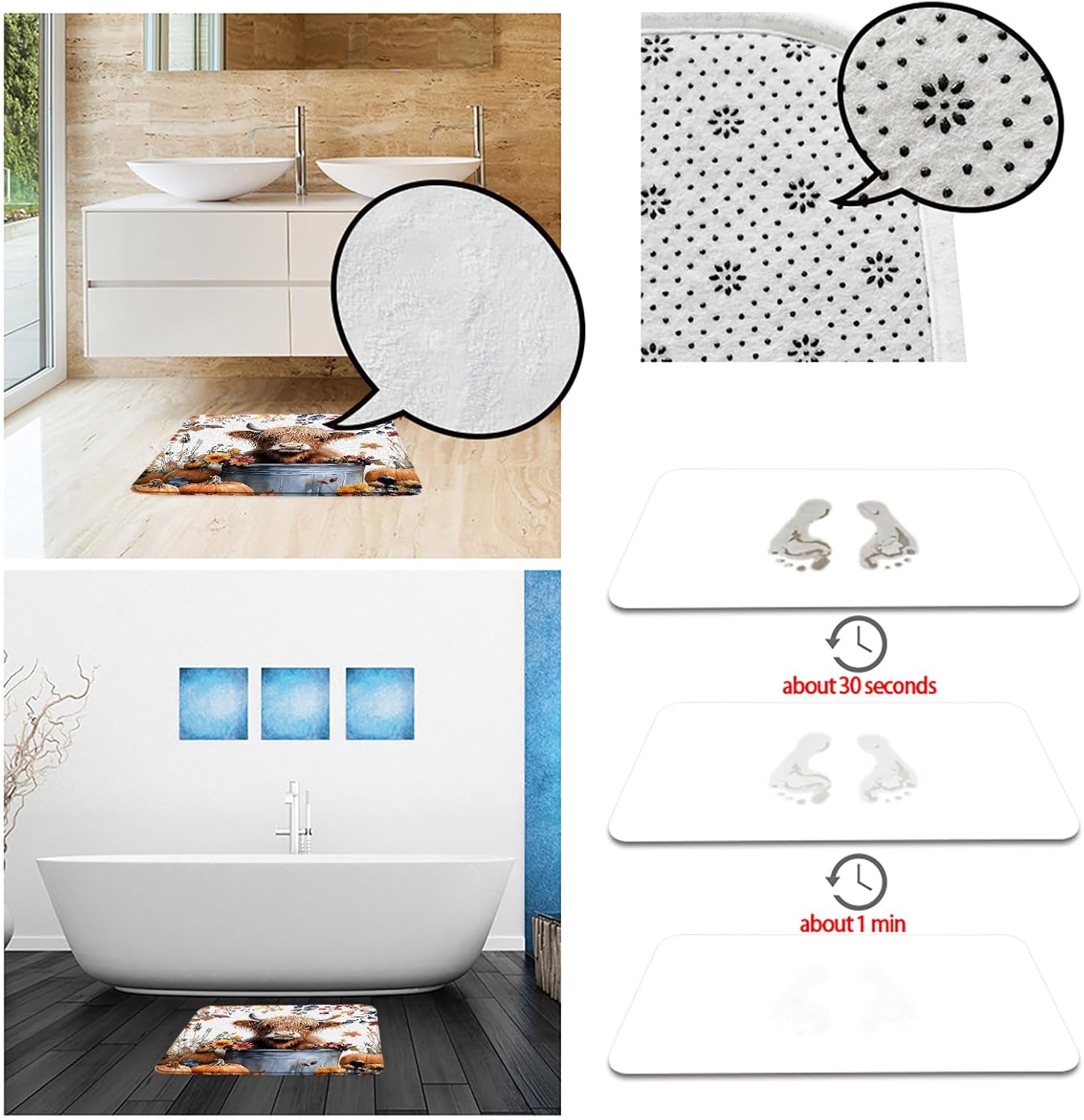 Cute Highland Cow Bath Mat Fall Thanksgiving Day Blue Orange Maple Leaves Pumpkin Rustic Farm Animal Cow Antumn Farmhouse Bathroom Decor Rug Doormat Toilet Floor Rug,24x60 Inch