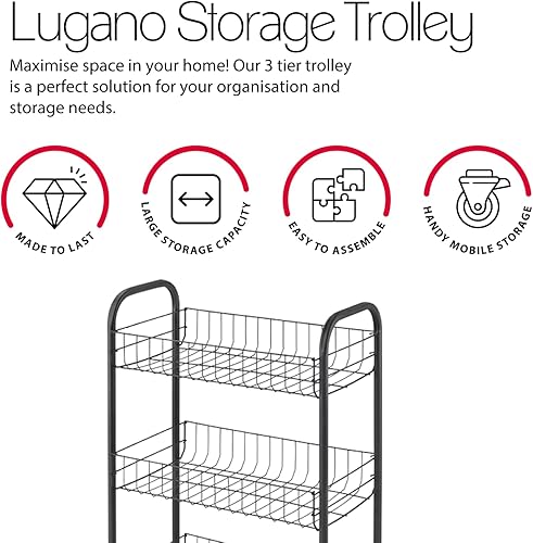 Miniatura 3 de Metaltex Lugano Carrito de 3 niveles con ruedas  Carrito de almacenamiento multiusos para el hogar, incluyendo cocina, baño, oficina y garaje