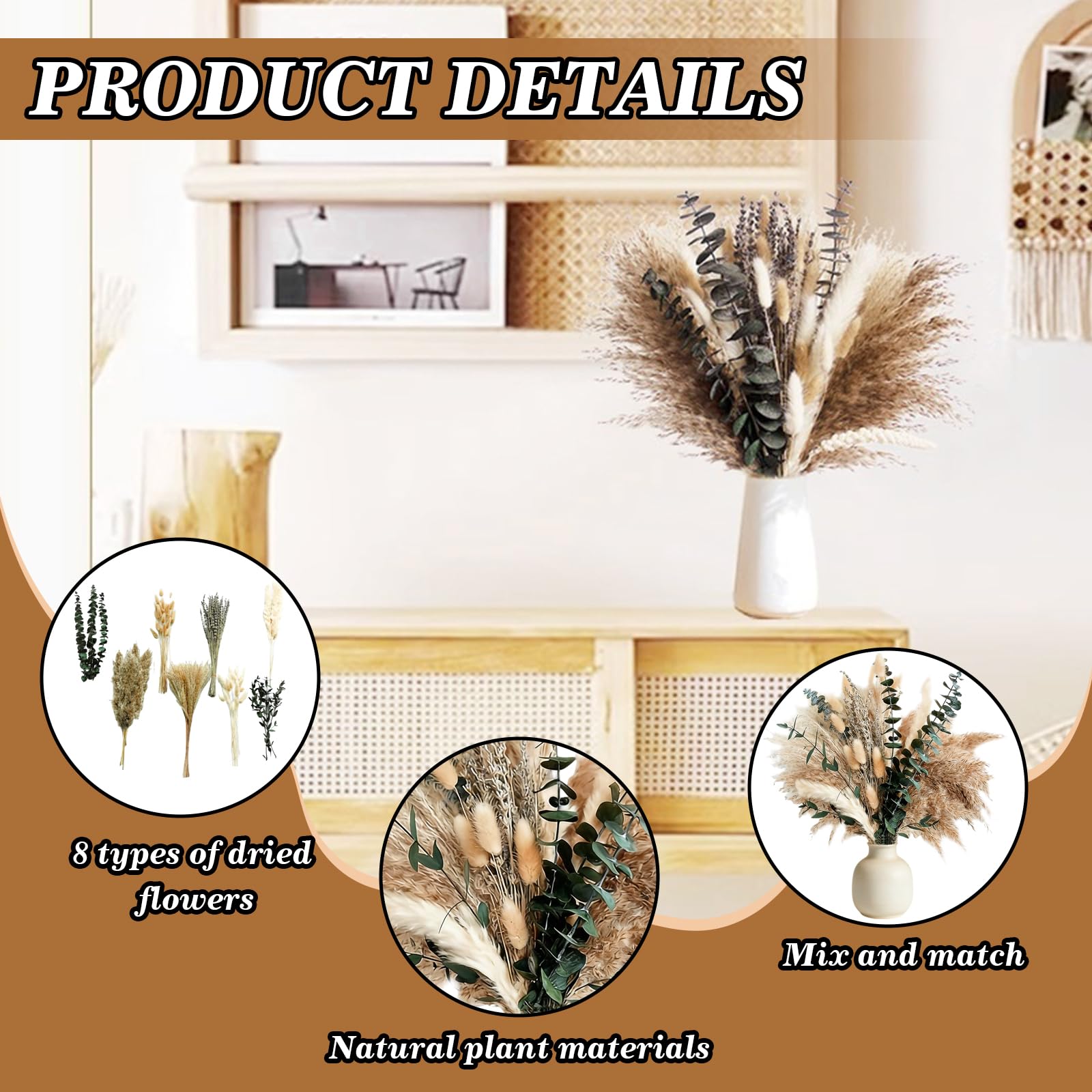 HhBdy 100 Piezas Pampas Secas Decoracion, Flores Secas con Eucalipto Preservado Flores Secas Naturales Decoracion Hogar Estilo Bohemio para Mesa de Comedor Boda Decoración para Fiestas