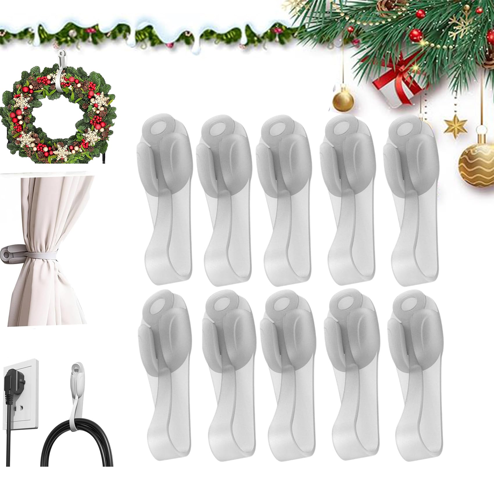 Wall Mounted Punch-Free Adhesive Removable Cord Holder Organizer, Command Cord Bundlers for Garland,Cord Organizer for Appliances,Damage Free Hanging Cord Organizer,Adhesive Cable Clips (10,Clear)