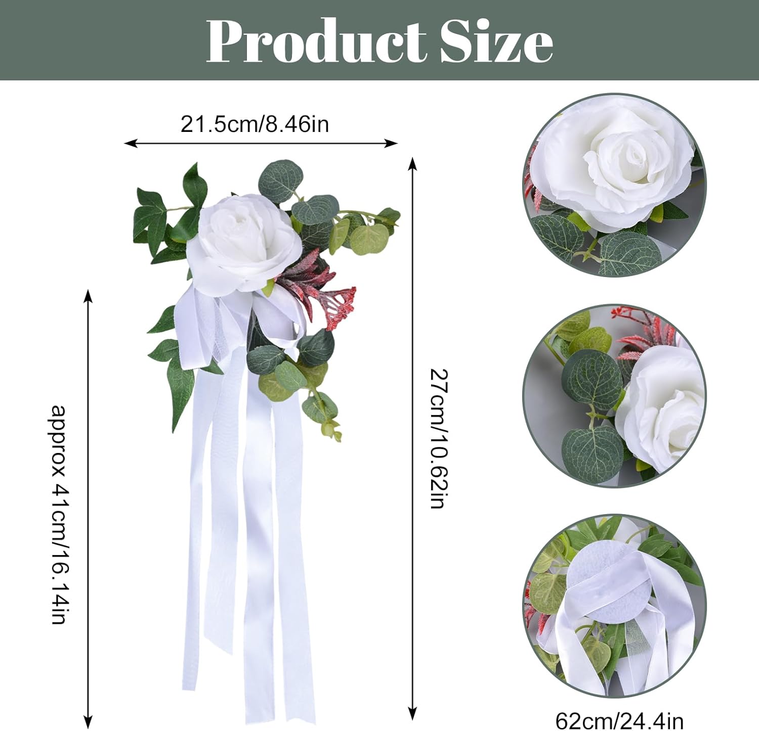 Wedding Aisle Chair Decor, 4Pcs White Flowers for Church Chair Decor Artificial Rose Floral Wedding Chair Back Flower with Leaves and Ribbons