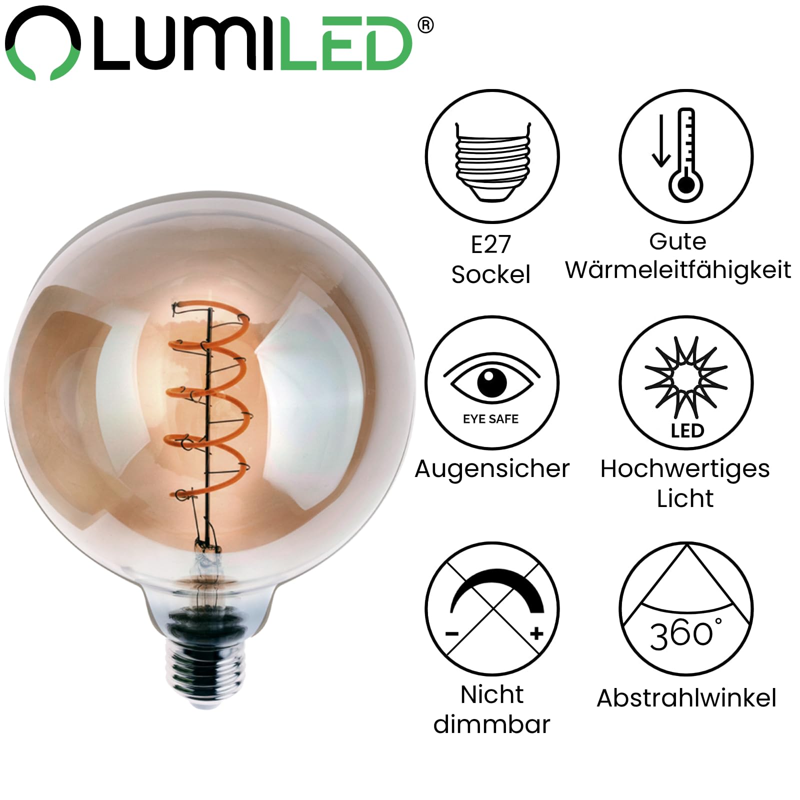 Lumiled Bombilla LED de filamento, E27, G125, 6 W, equivalente a 50 W, 660 lm, 2200 K, cristal ahumado extracálido, ángulo de haz de 360°, paquete de 6 unidades, forma de globo, luz decorativa retro