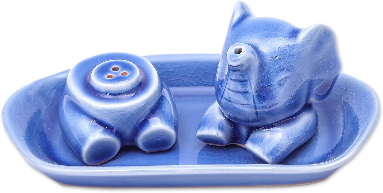 NOVICA Handmade Salt Pepper Set Blue Celadon Elephant Ceramic Thailand Tableware Serveware Sets Animal Themed 'Magic Elephant in Blue' (3 pieces)