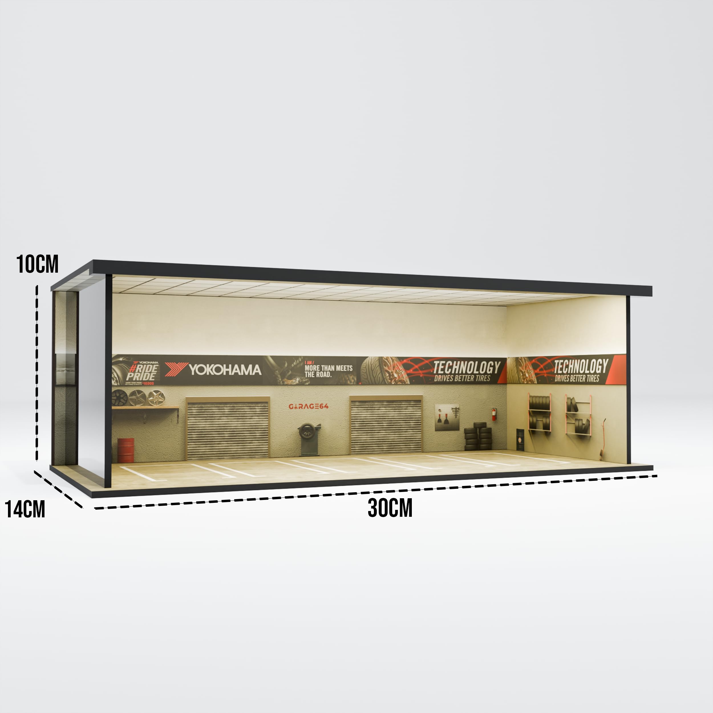 Garage64 Yokohama Tire Workshop 1:64 Acrylic Display Garage Diorama with LED (30x14x10 cm) – JDM Style Tire Shop for Hot Wheels, Mini GT, Tarmac Works - Image 8 thumbnail