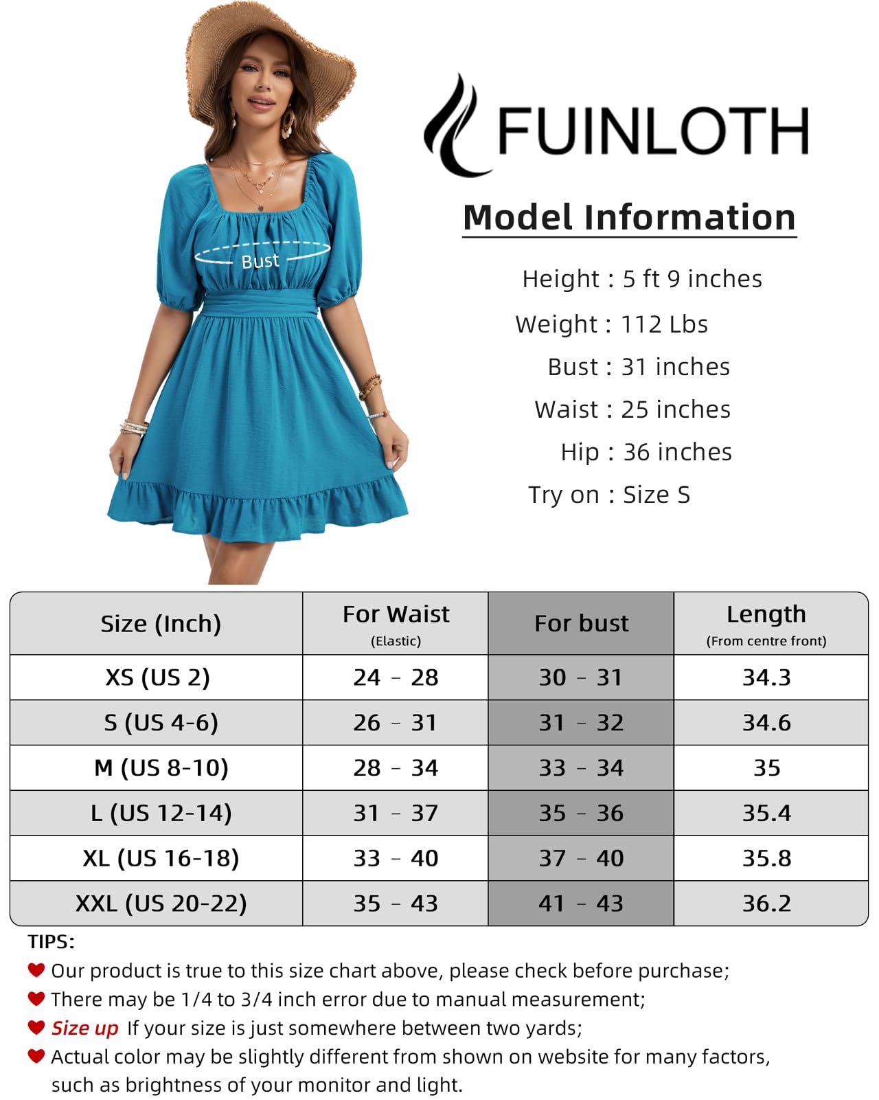 Fuinloth Robe d'été décontractée à manches bouffantes et col carré pour femme