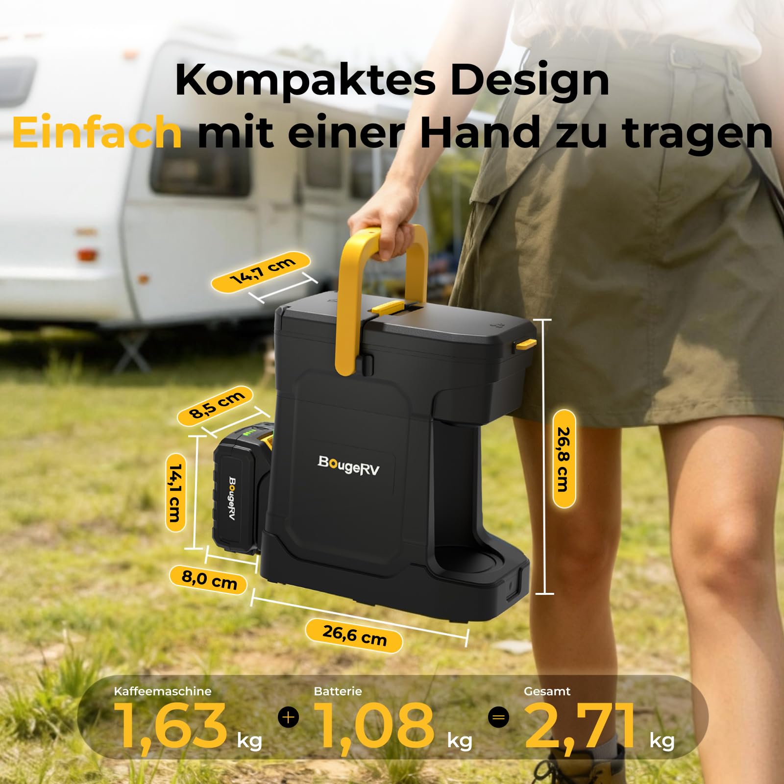 BougeRV Akku-Kaffeemaschine 144 Wh 8 Ah AC 230V Camping Kaffeemaschine für gemahlenen Kaffee & Kaffeepads