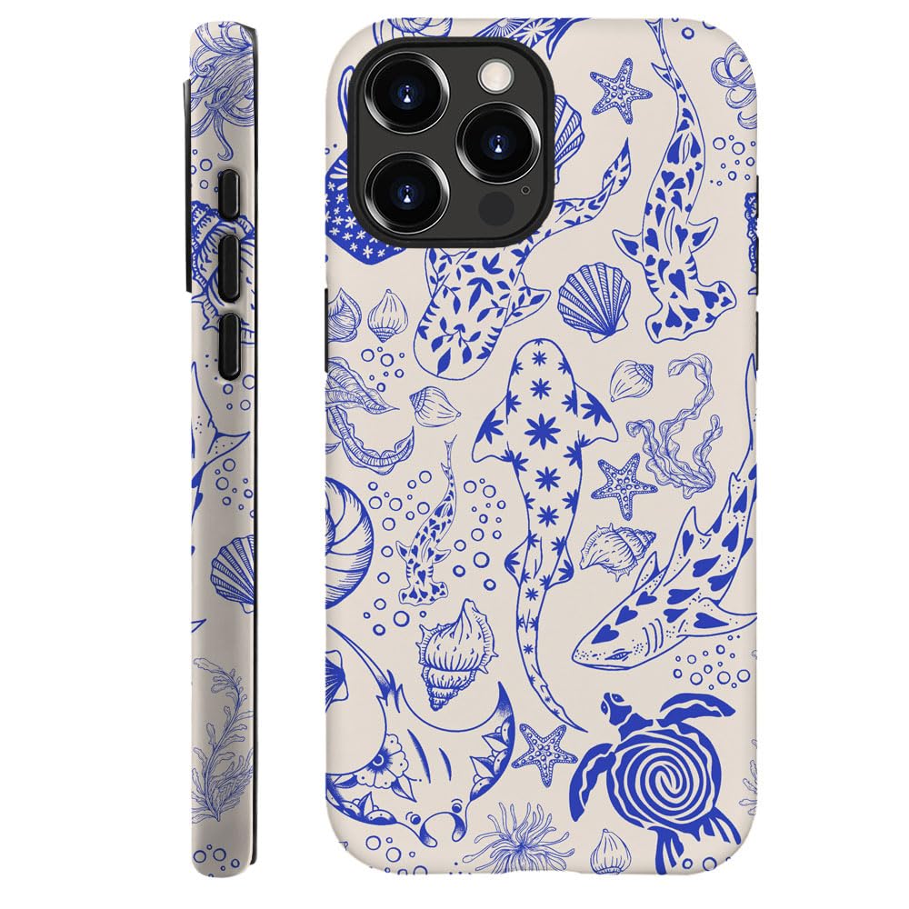 Case for iPhone 13 Pro,Fits Frosted Case Design for Girl Women,Sharks Turtles Shells Seaweed Blue
